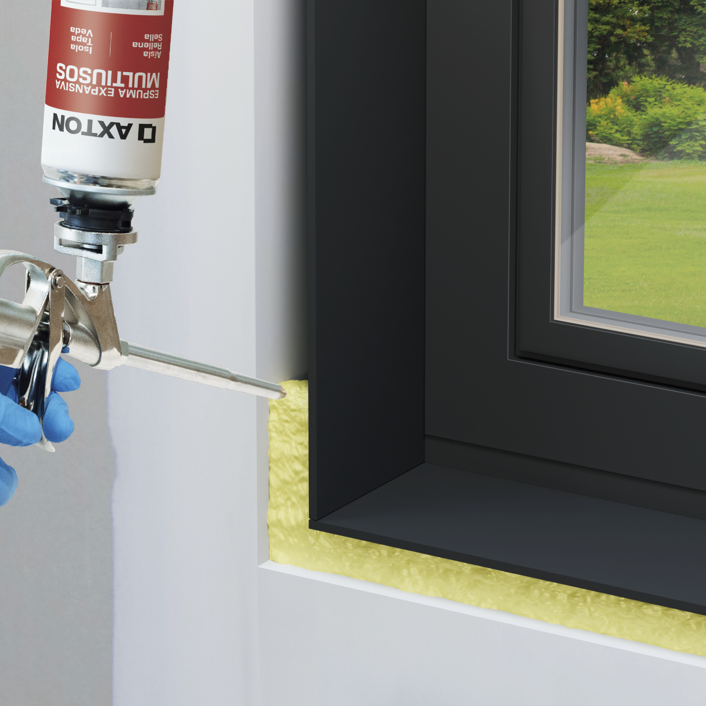 2 espumas de poliuretano AXTON multiusos 750ml para puertas, ventanas, paredes y suelos en color amarillo. Tiempo de secado 25 minutos. Aplicación con pistola. - 3