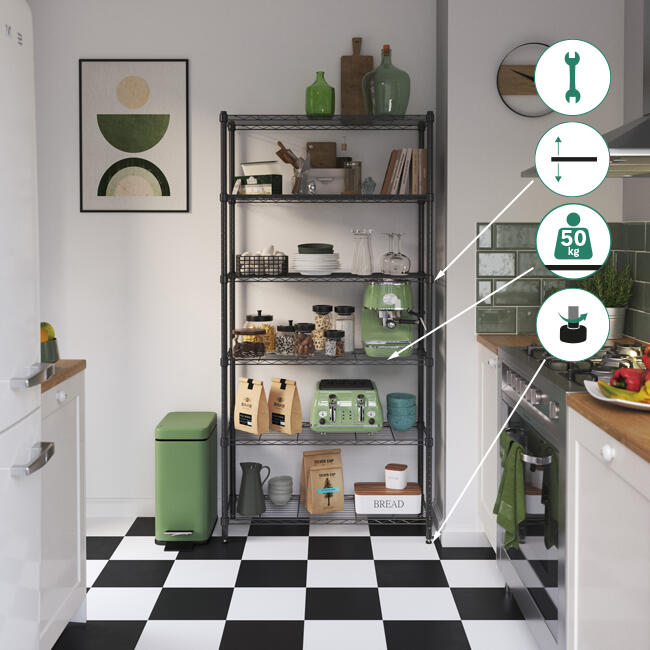 Estantería metálica cromada negro SPACEO, 6 baldas, 50 kg por balda,180x90x35 cm - 3