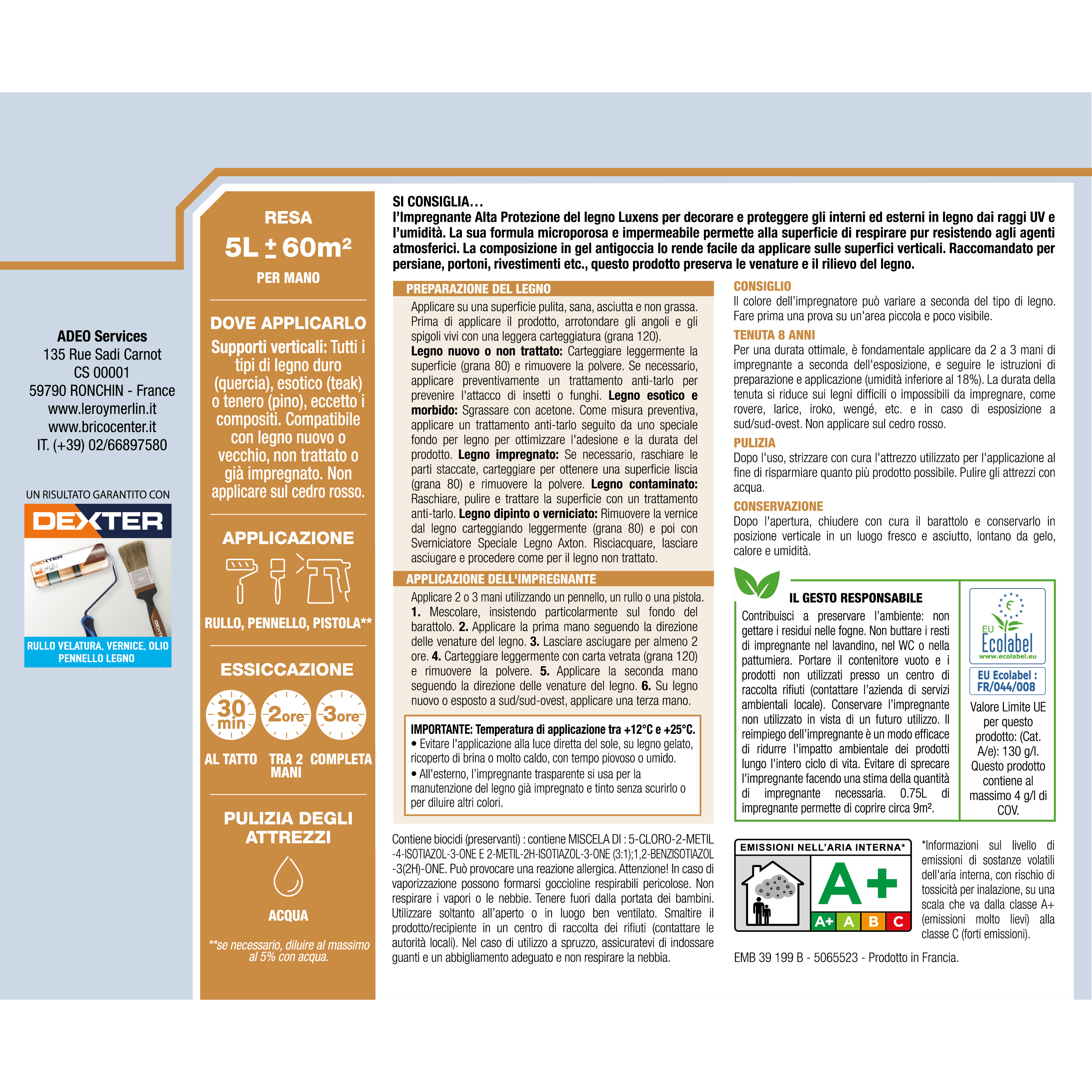 Impregnante per legno da esterno a base acqua LUXENS Alta Protezione noce chiaro satinato 5 lt, 8 anni di protezione. - 7