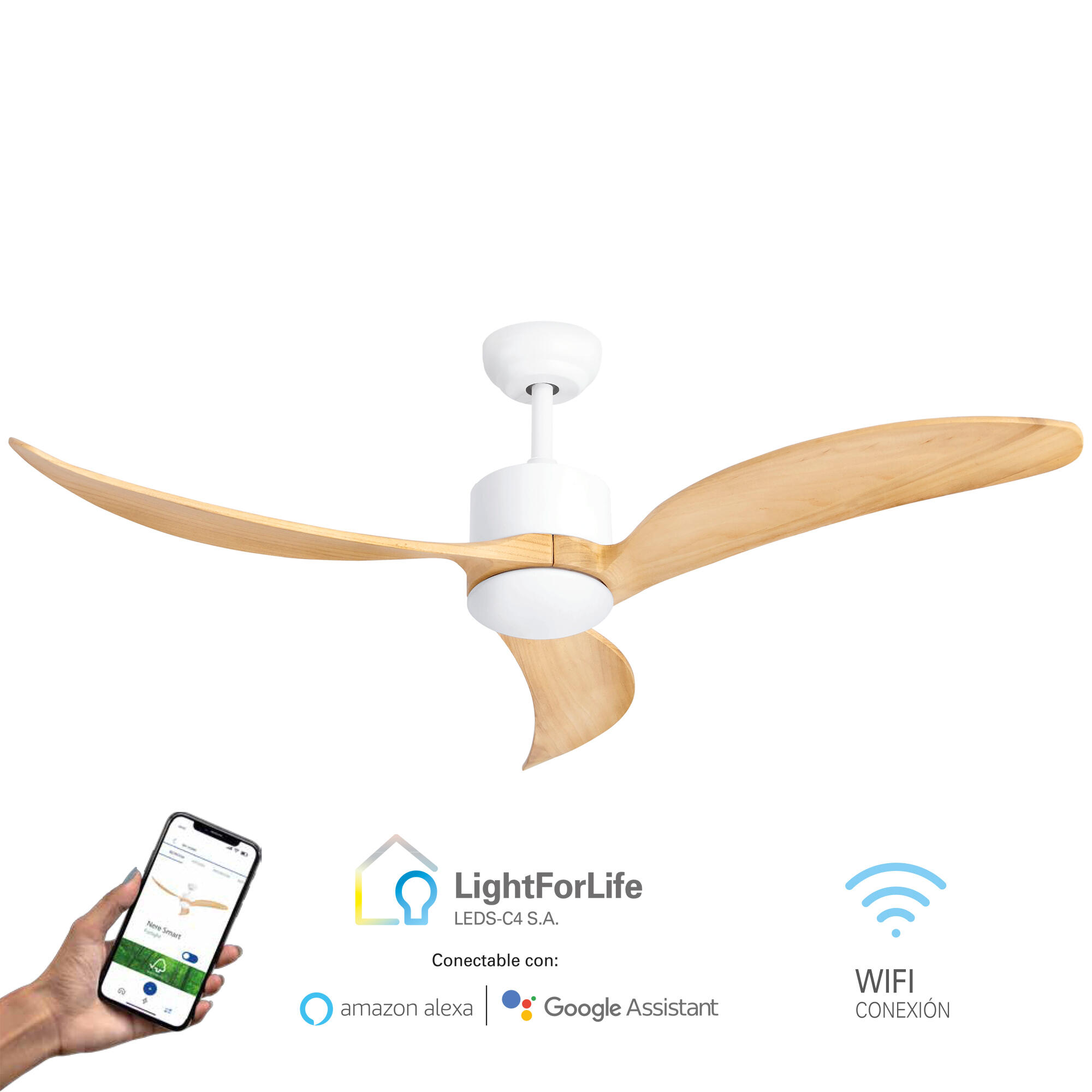 Ventilador de techo con luz silencioso DC 31W WiFi / APP ø132 cm Nere FORLIGHT blanco luz CCT 3 aspas de madera| 6 velocidades| brisa| recomendado de 20 a 40m² - 2