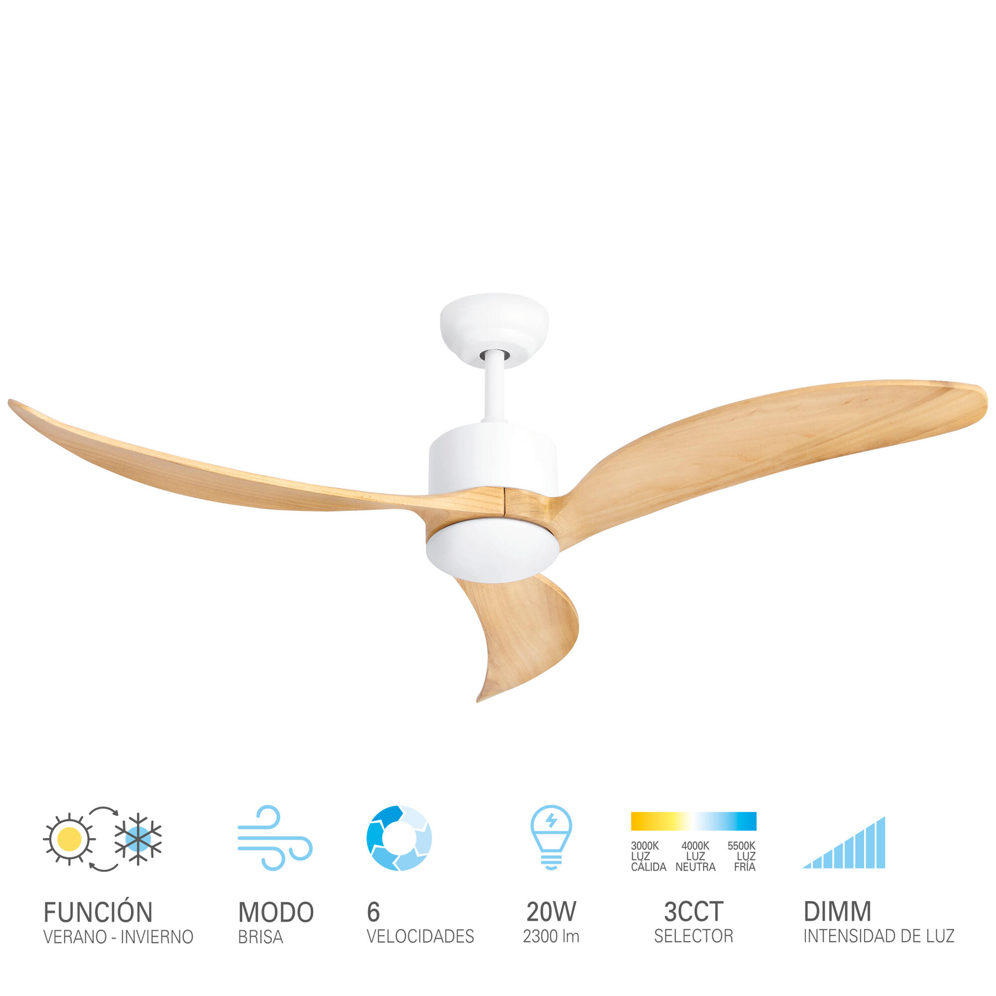 Ventilador de techo con luz silencioso DC 31W WiFi / APP ø132 cm Nere FORLIGHT blanco luz CCT 3 aspas de madera| 6 velocidades| brisa| recomendado de 20 a 40m² - 6