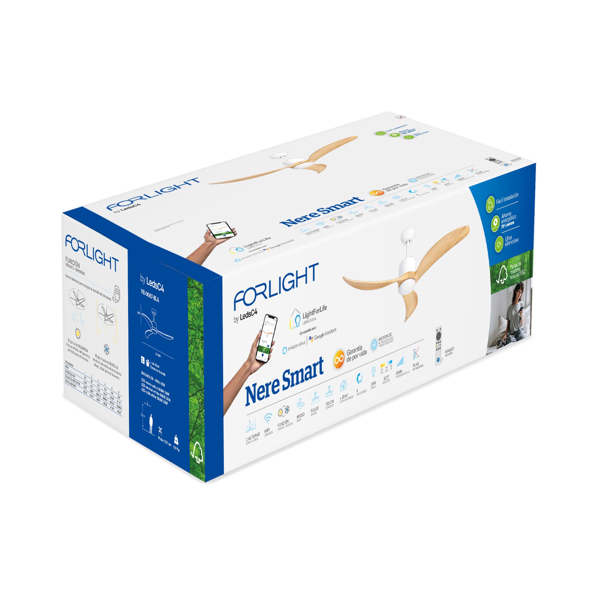 Ventilador de techo con luz silencioso DC 31W WiFi / APP ø132 cm Nere FORLIGHT blanco luz CCT 3 aspas de madera| 6 velocidades| brisa| recomendado de 20 a 40m² - 9