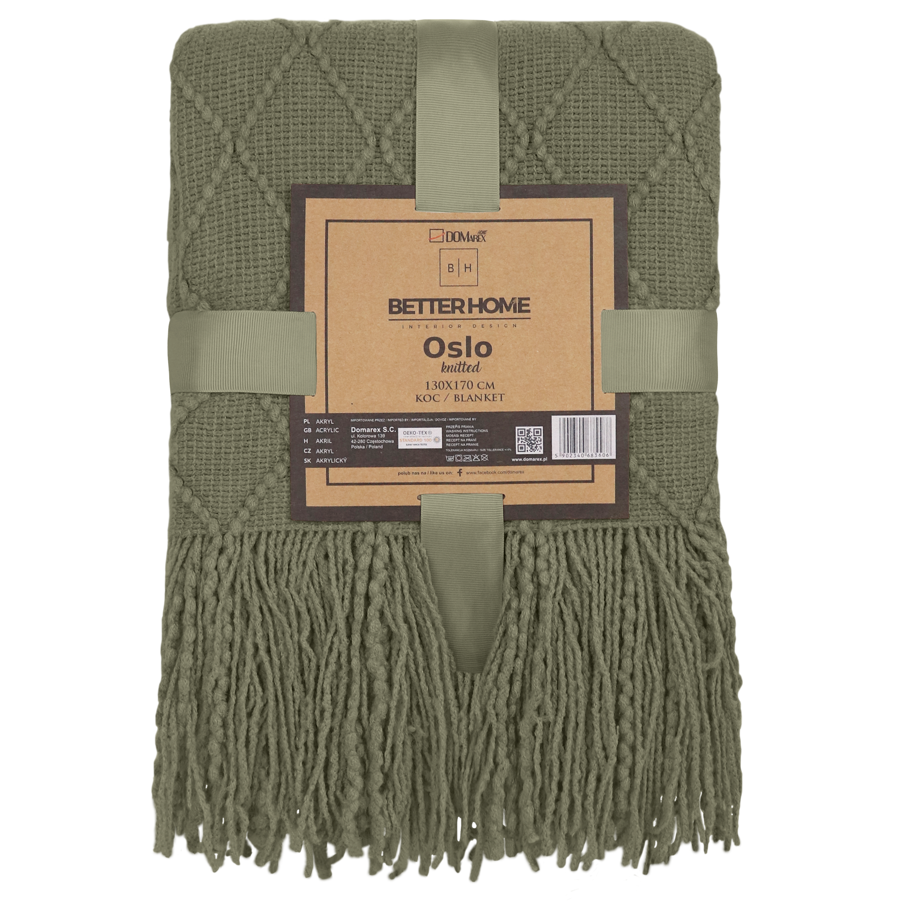 Koc Oslo zielony khaki z frędzlami 130 x 170 cm - 10