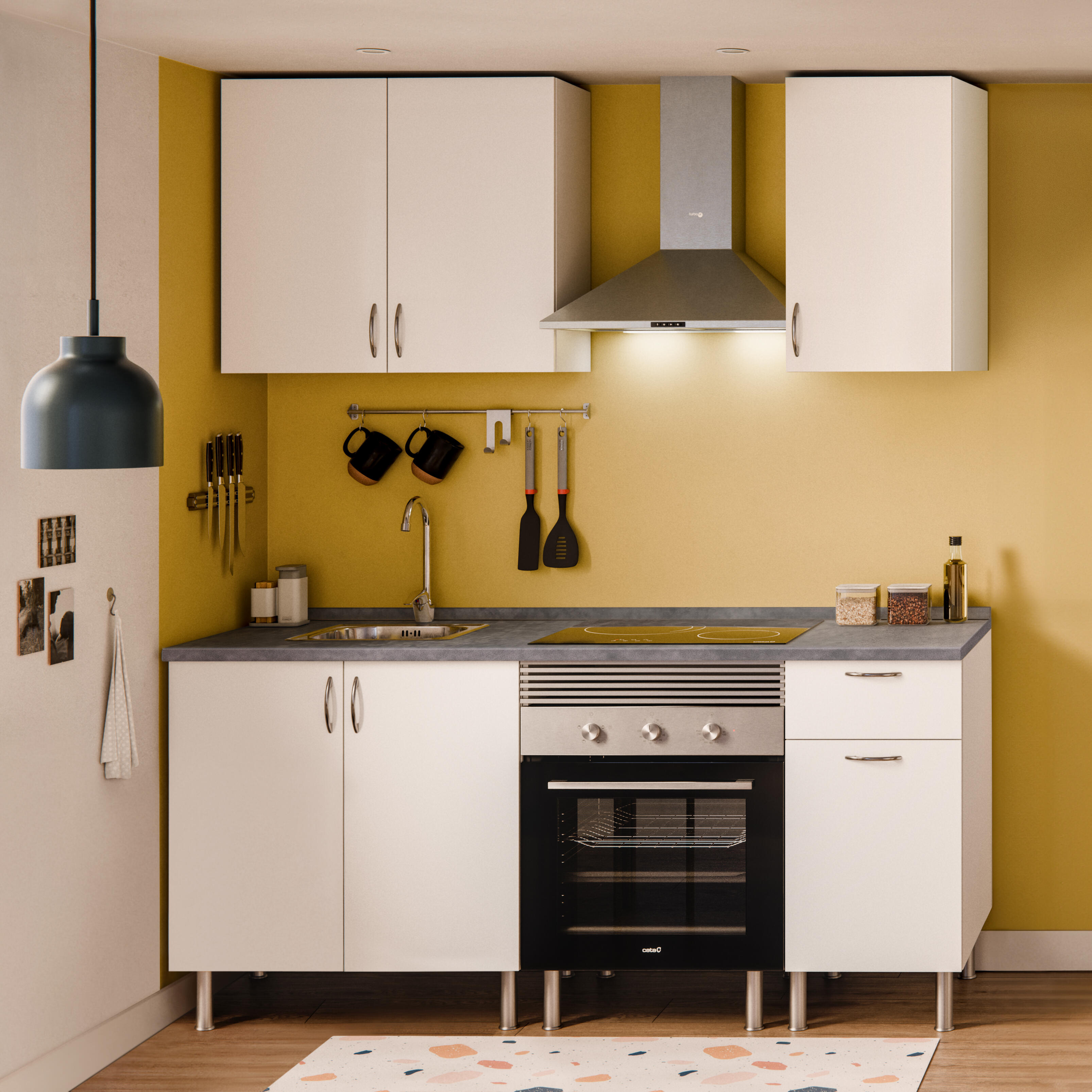 Composición de cocina basic blanco 2 altos + encimera cemento - 1.8 m