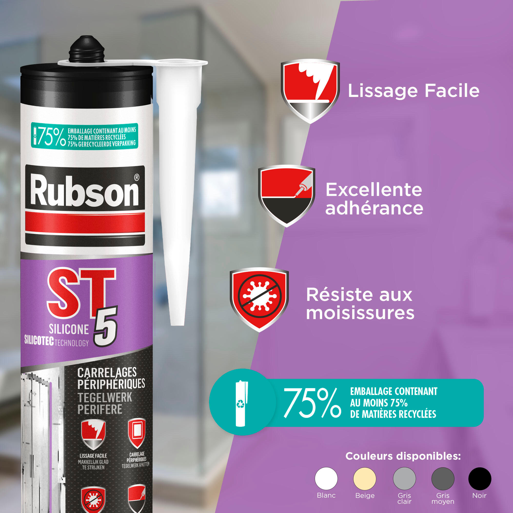 Silicone St5 spécial carrelages périphériques RUBSON blanc, 300 ml - 2