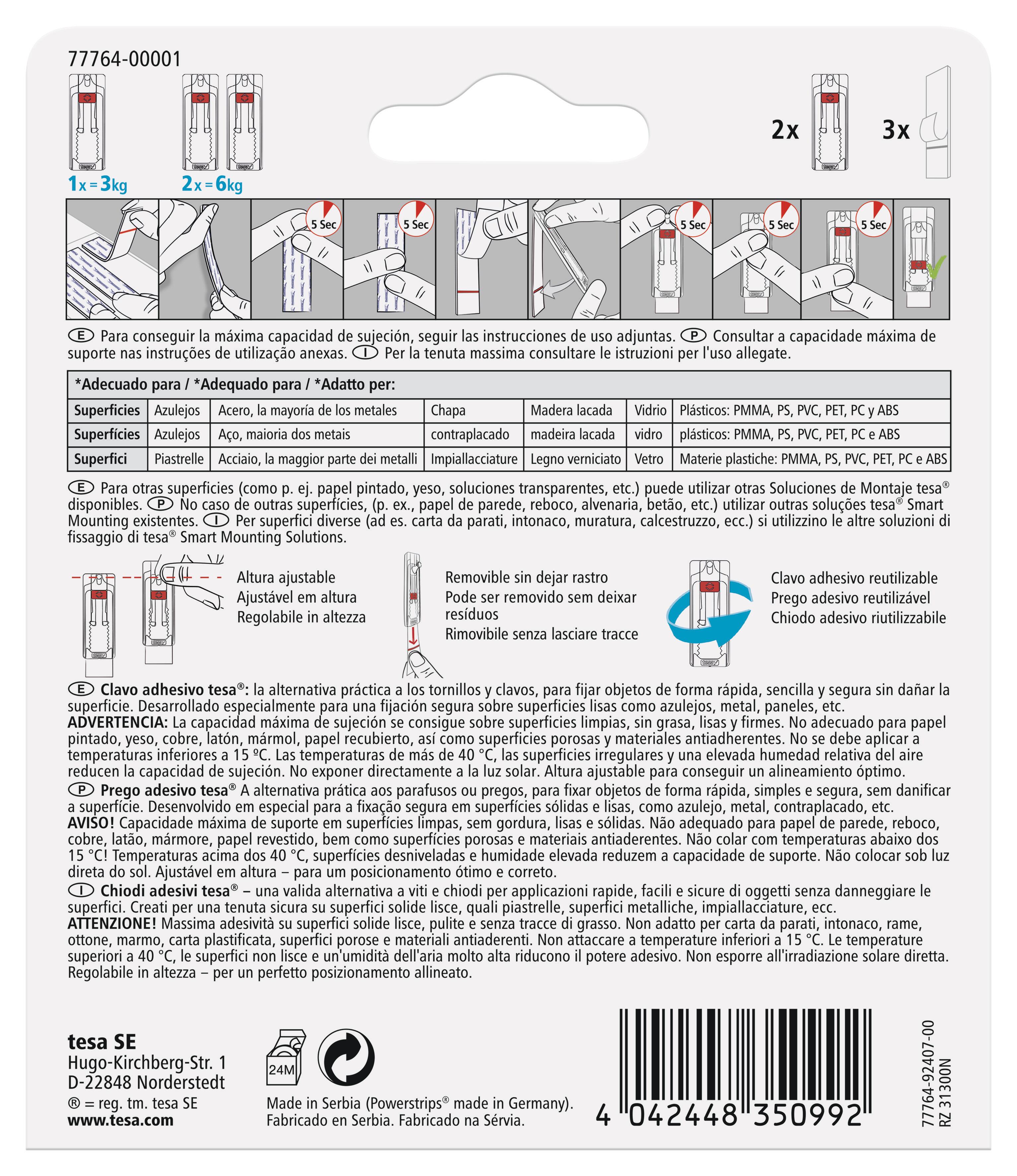 2 clavos autoadhesivo Tesa ajustable para azulejos, soporta hasta 3 Kg - 12