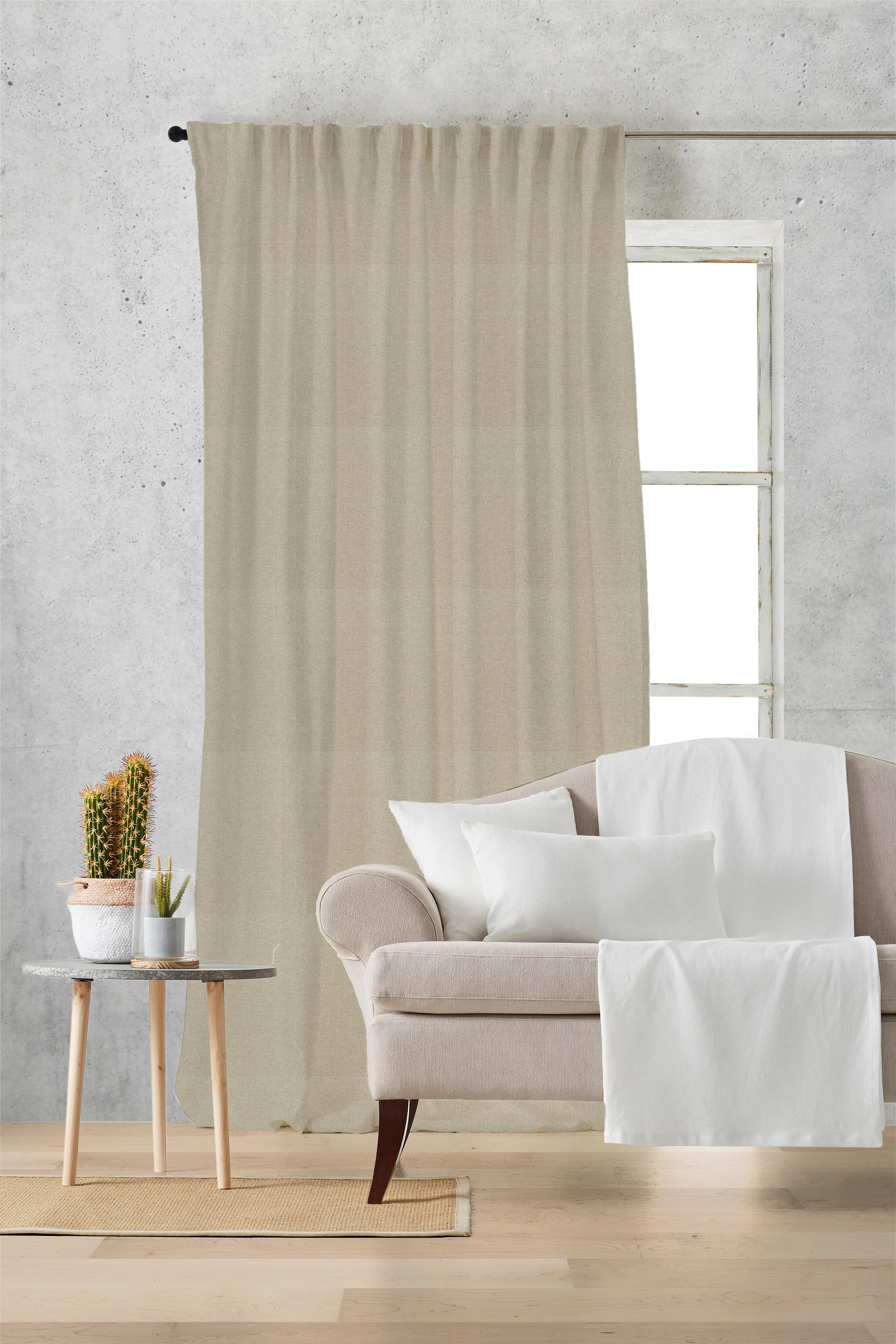 Visillo cinta frunce, trabillas alma lino liso beige natural de 140x280cm