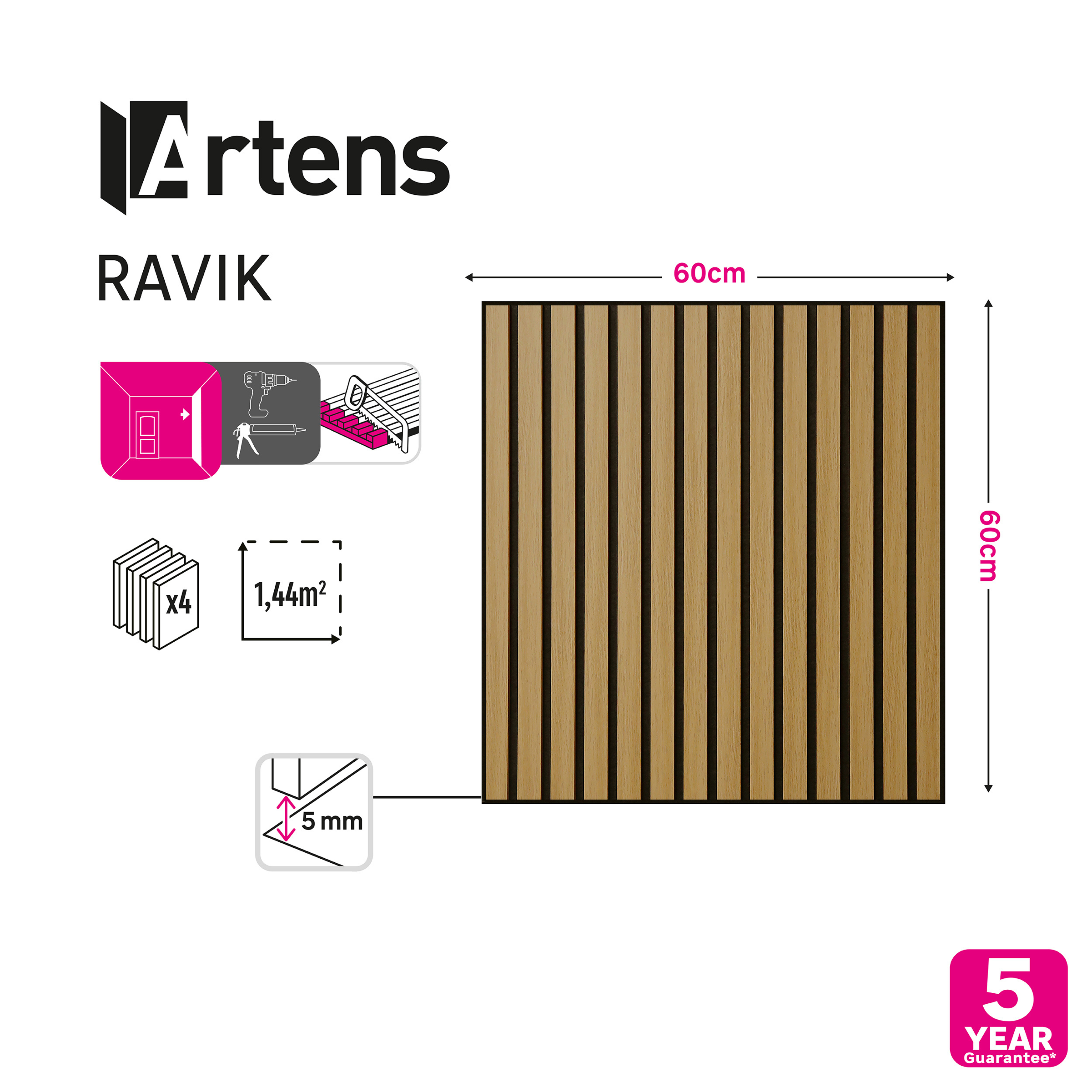 4 dalles tasseaux décor chêne naturel, fond feutrine noir Ravik ARTENS, 60x60 cm - 2