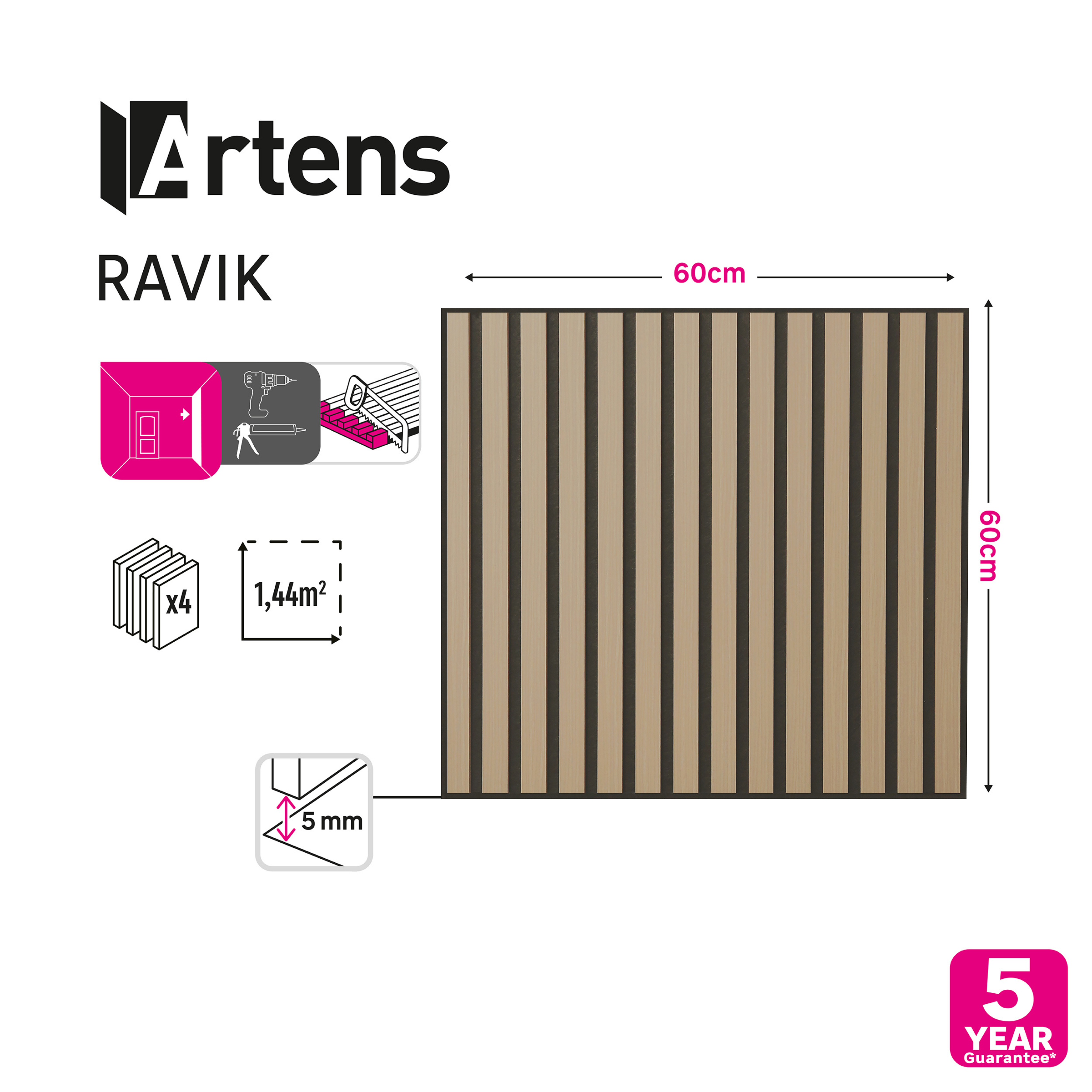 4 dalles tasseaux décor chêne clair, fond feutrine noir Ravik ARTENS, 60x60 cm - 2