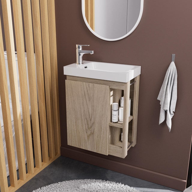 Meuble vasque 1p l.41.5 x H.53 x P.23.5cm décor chêne, vasque blanche Hampton