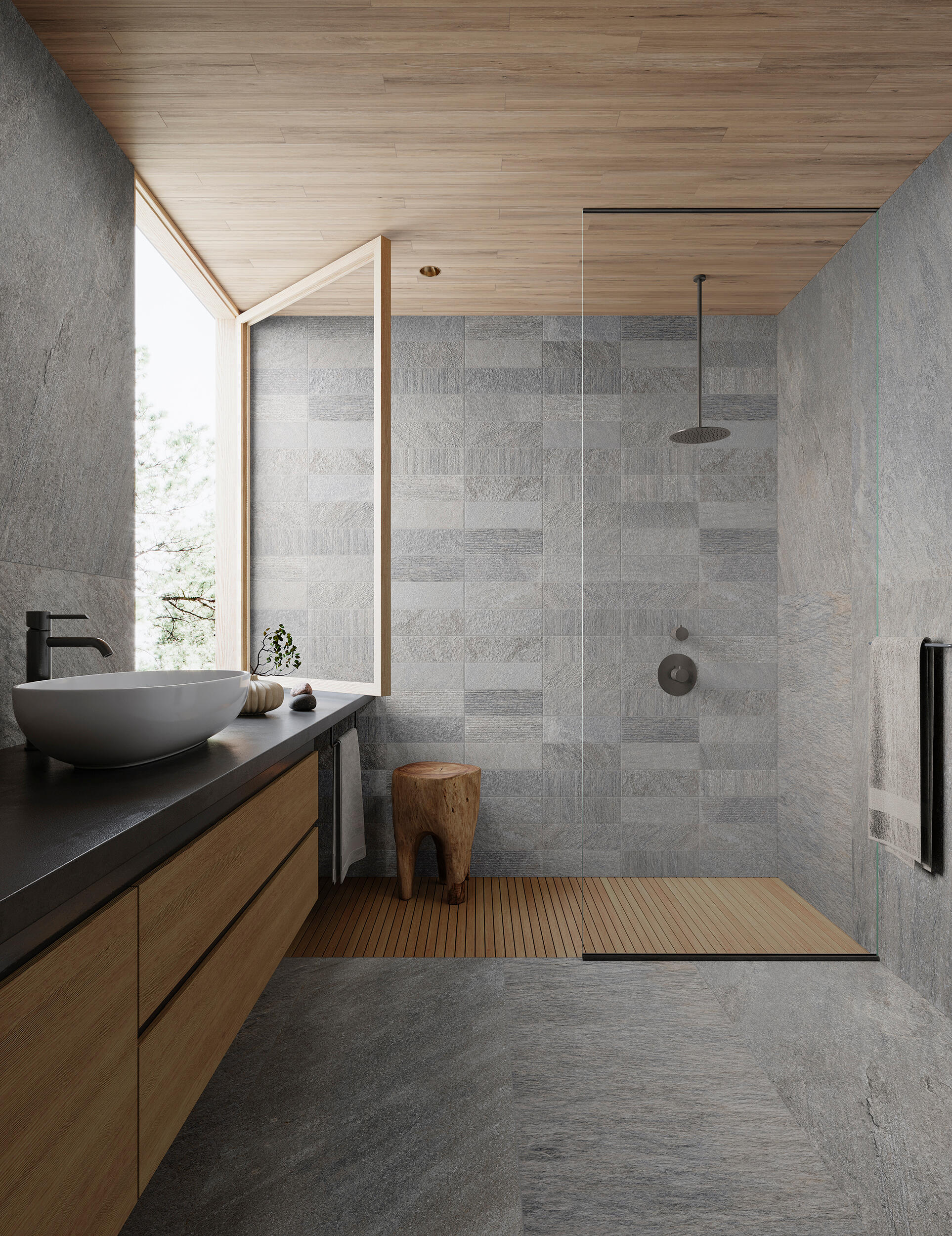 Azulejo porcelánico quartz efecto piedra gris neutro medio 32x62.5 cm