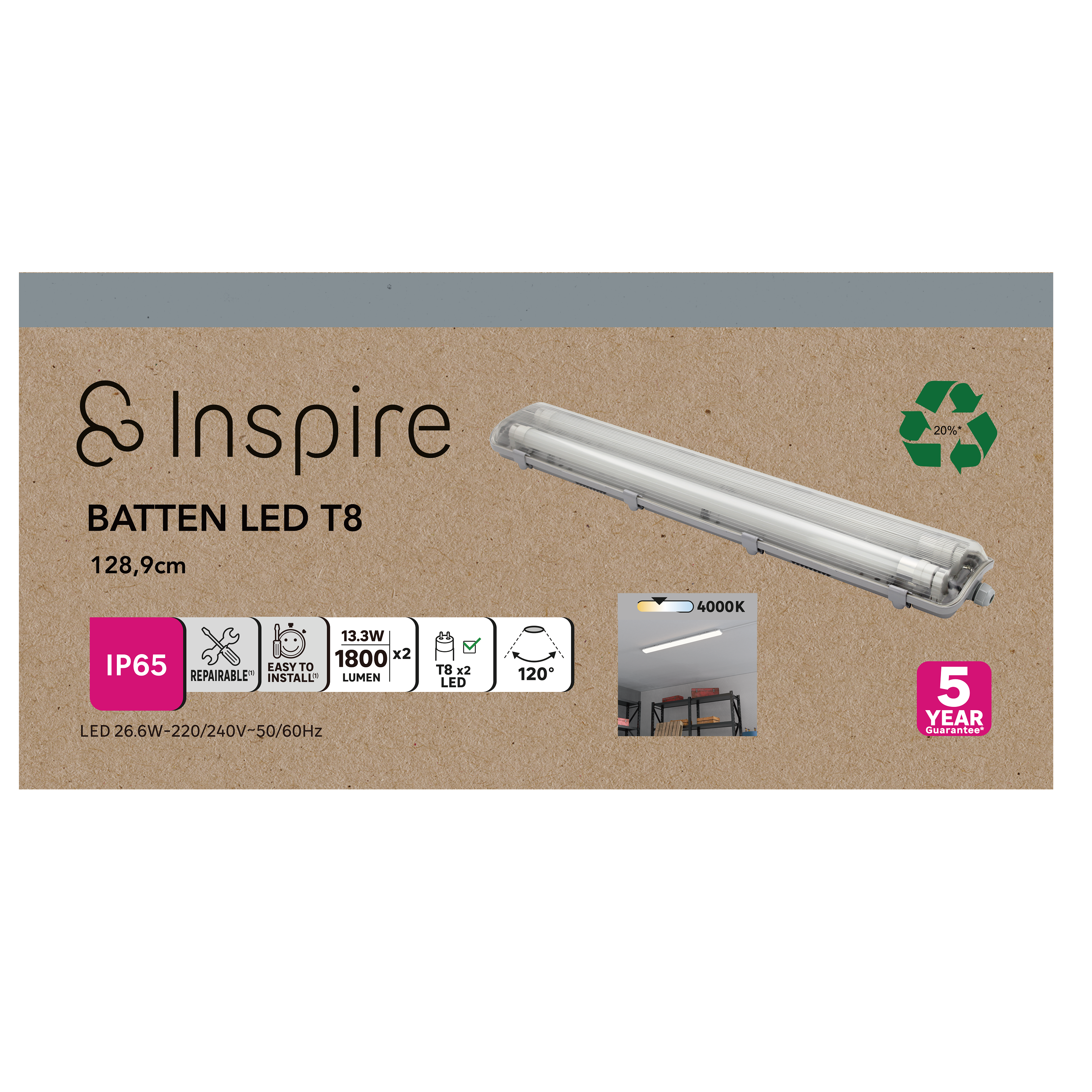 Réglette garage étanche IP65 L.128,9 cm 2 tubes T8 3600 lumen, blanc neutre - 3