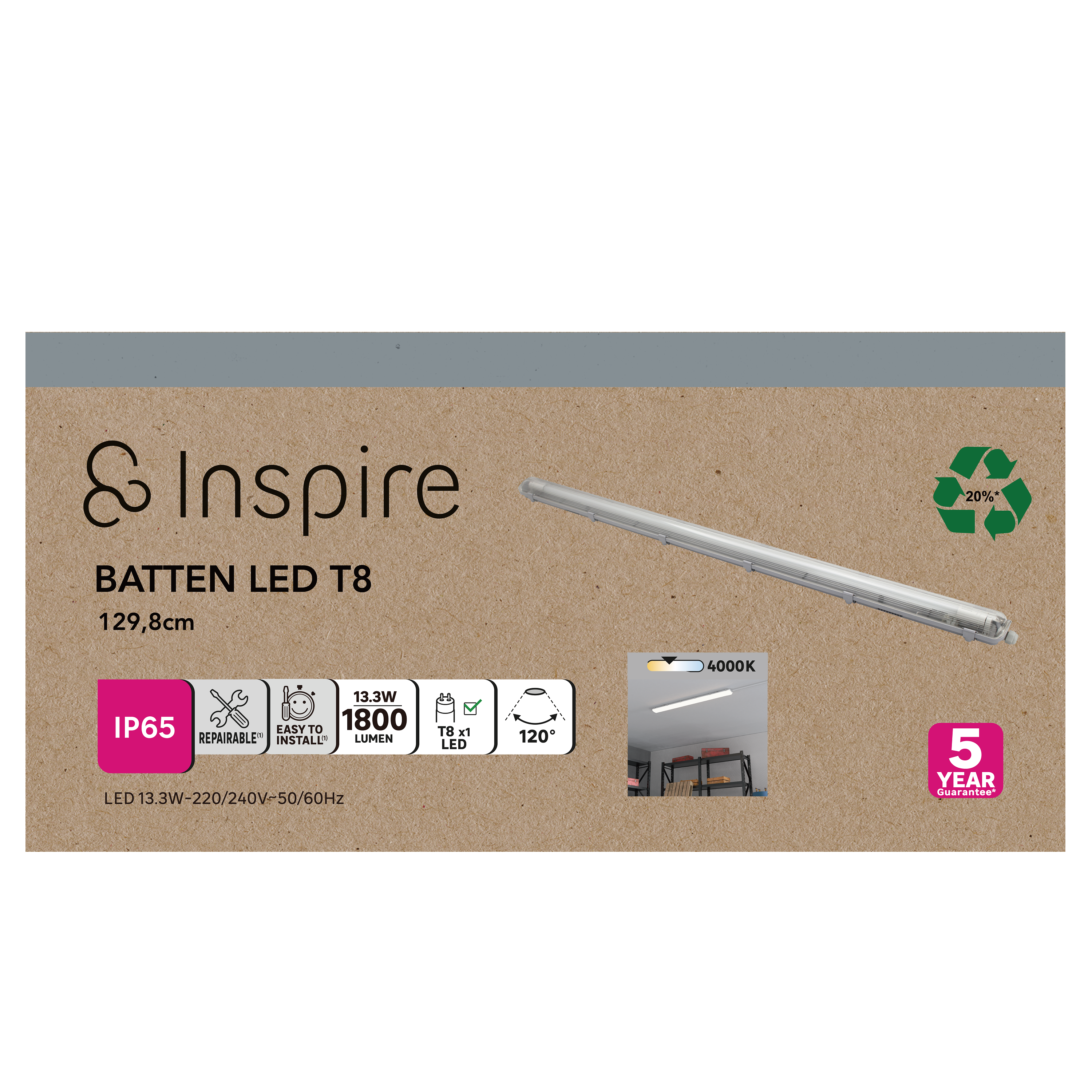 Réglette garage étanche IP65, 1 tube G13 L.128 cm, INSPIRE - 3