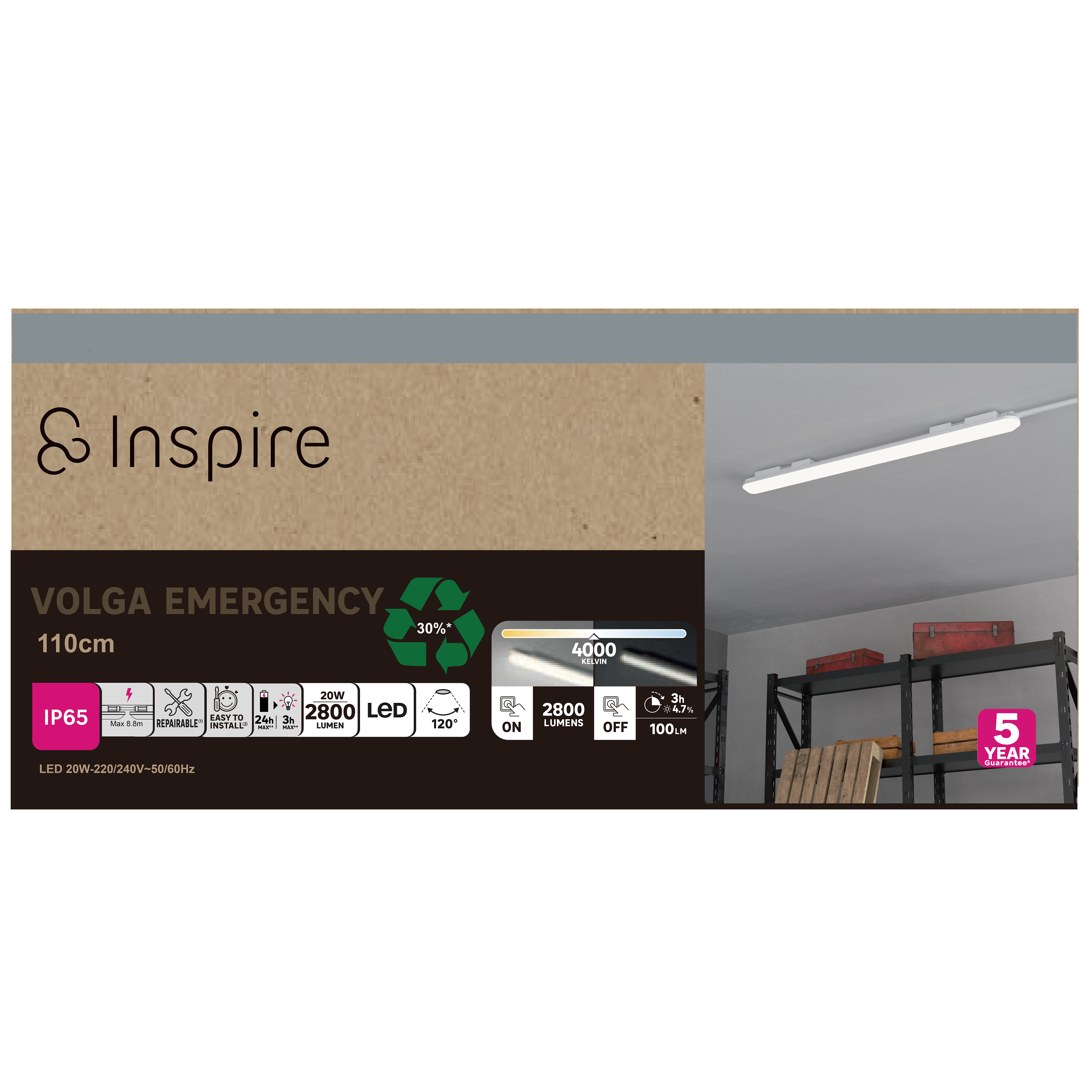 Réglette de sécurité étanche Led L.110 cm 2900 lumens blanc neutre INSPIRE Volga - 3