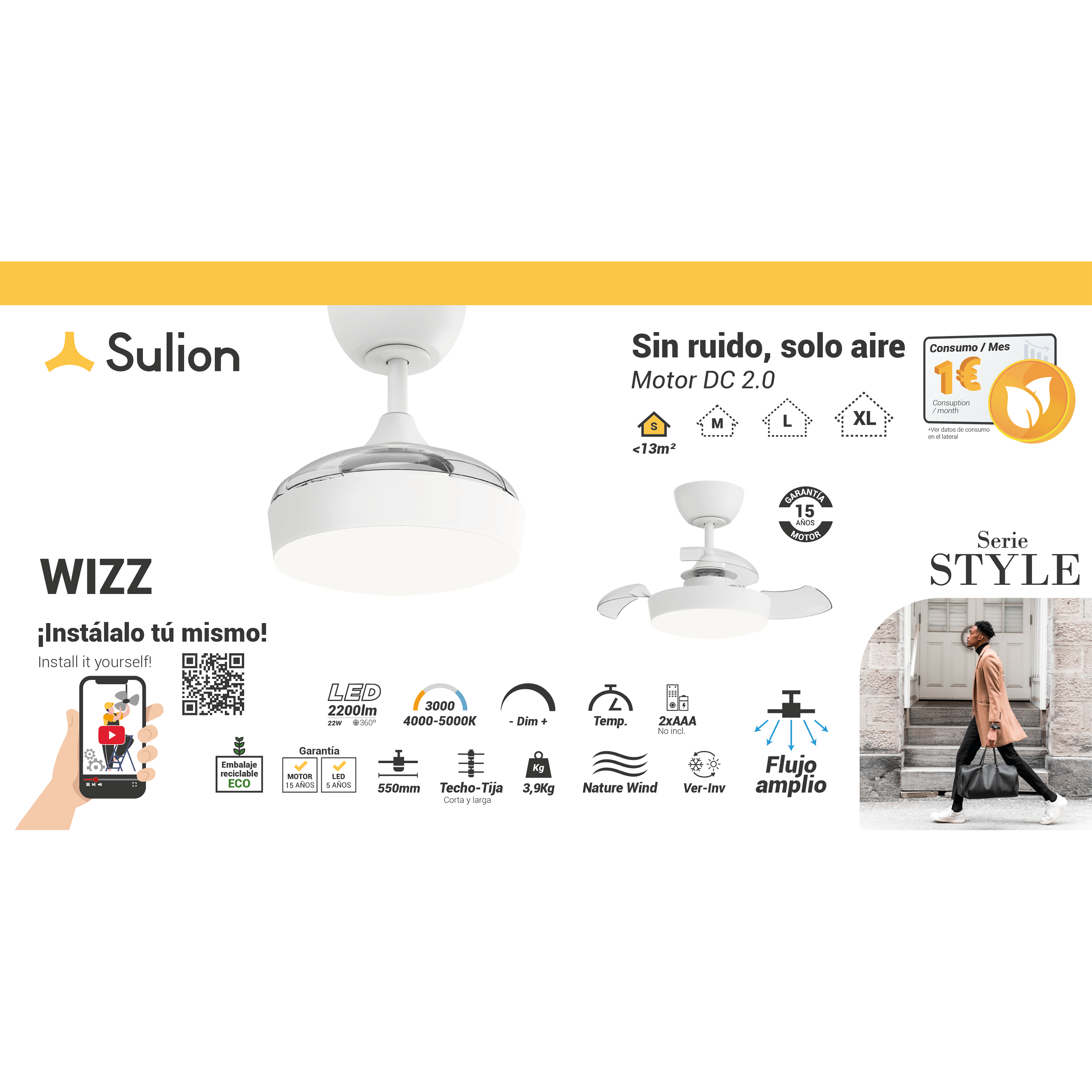 Ventilador de techo con luz silencioso DC 20W con mando ø55 cm Wizz SULION blanco luz CCT 3 aspas retráctiles tipo lámpara| 6 velocidades| modo verano/invierno| temporizador| brisa| recomendado para <13m² - 10