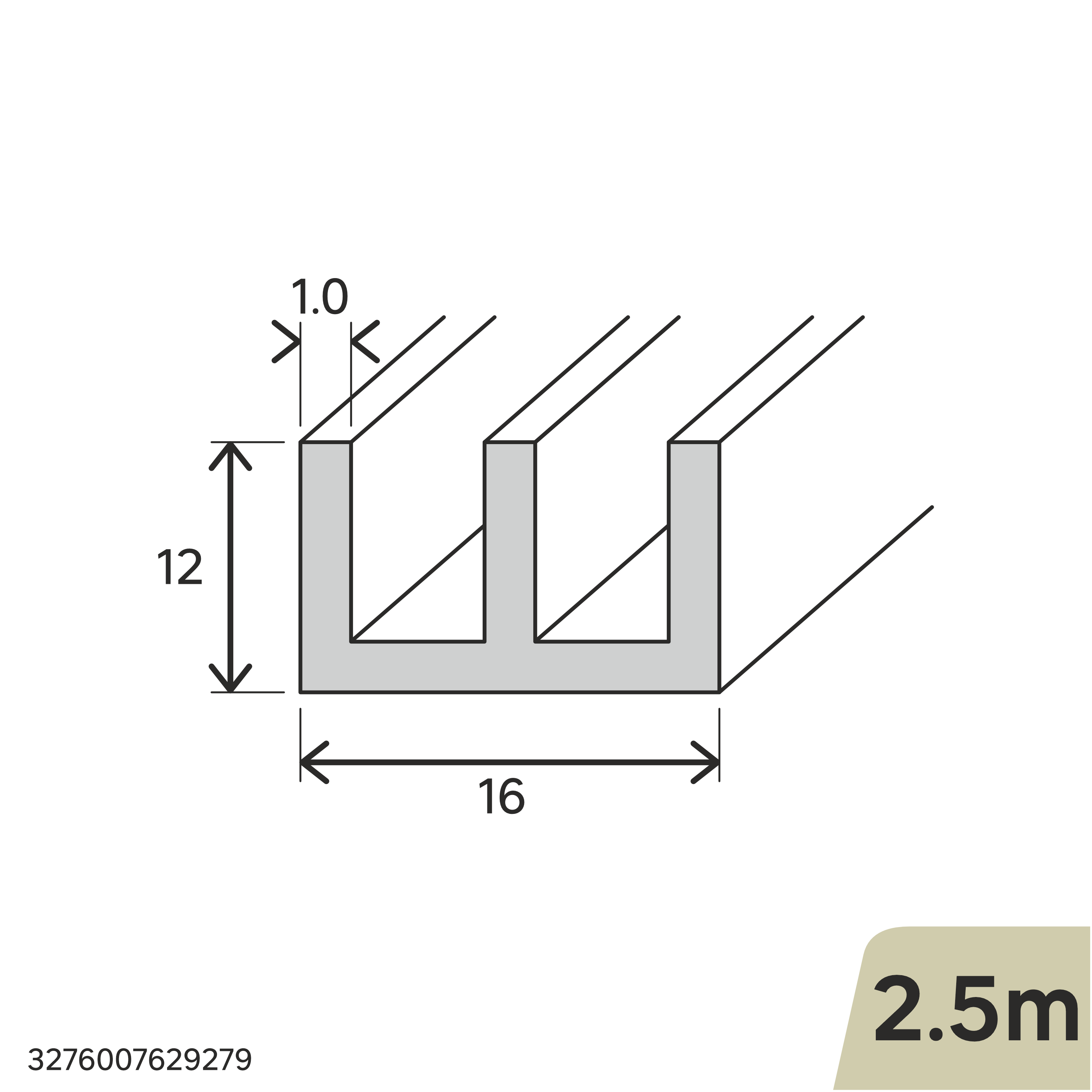 Perfil de dupla U STANDERS em alumínio prateado fosco L 2,5 m 12x16 mm - 2