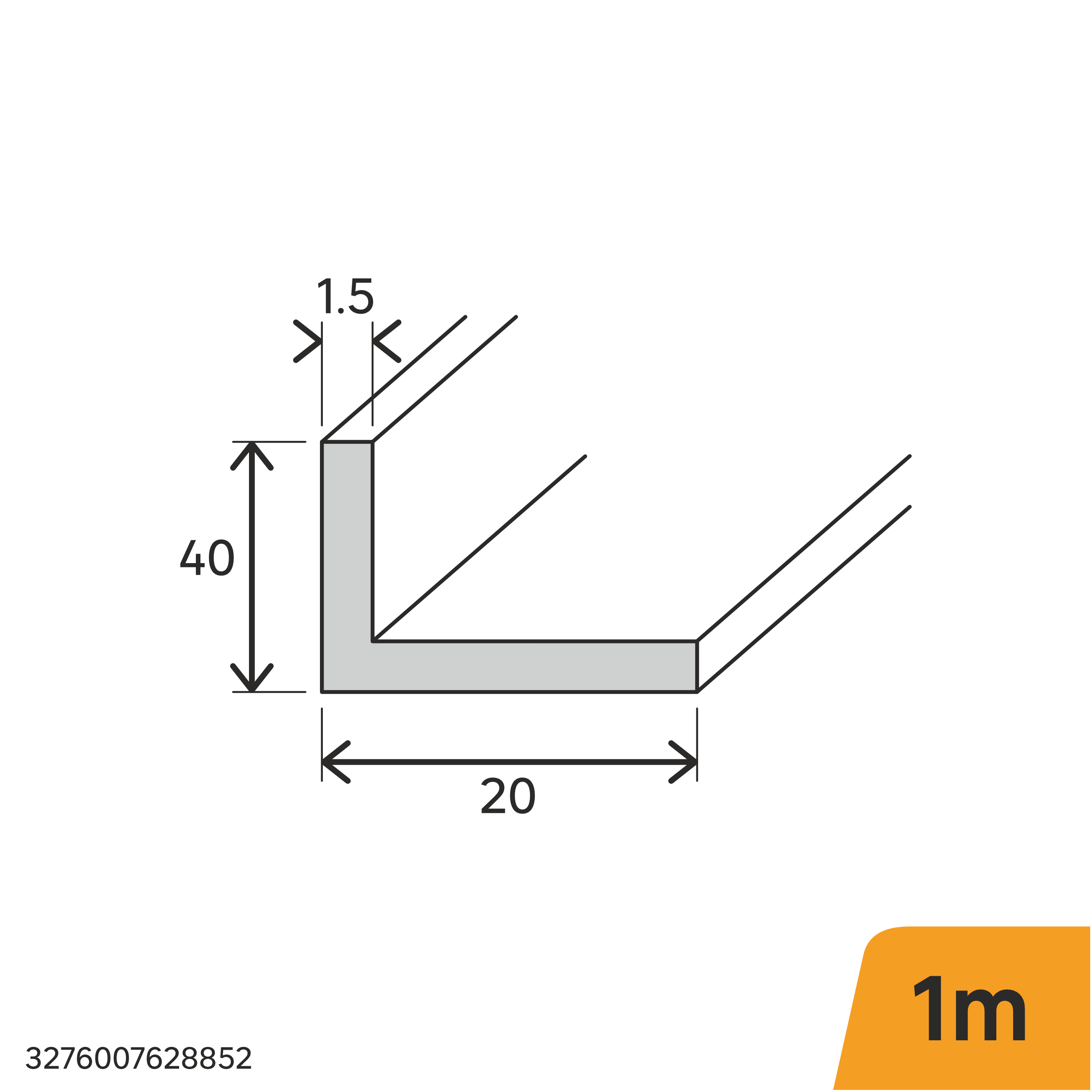 Perfil forma de ángulo no recto de aluminio plata, Alt. 20 x An.40 x L.1000 mm - 2