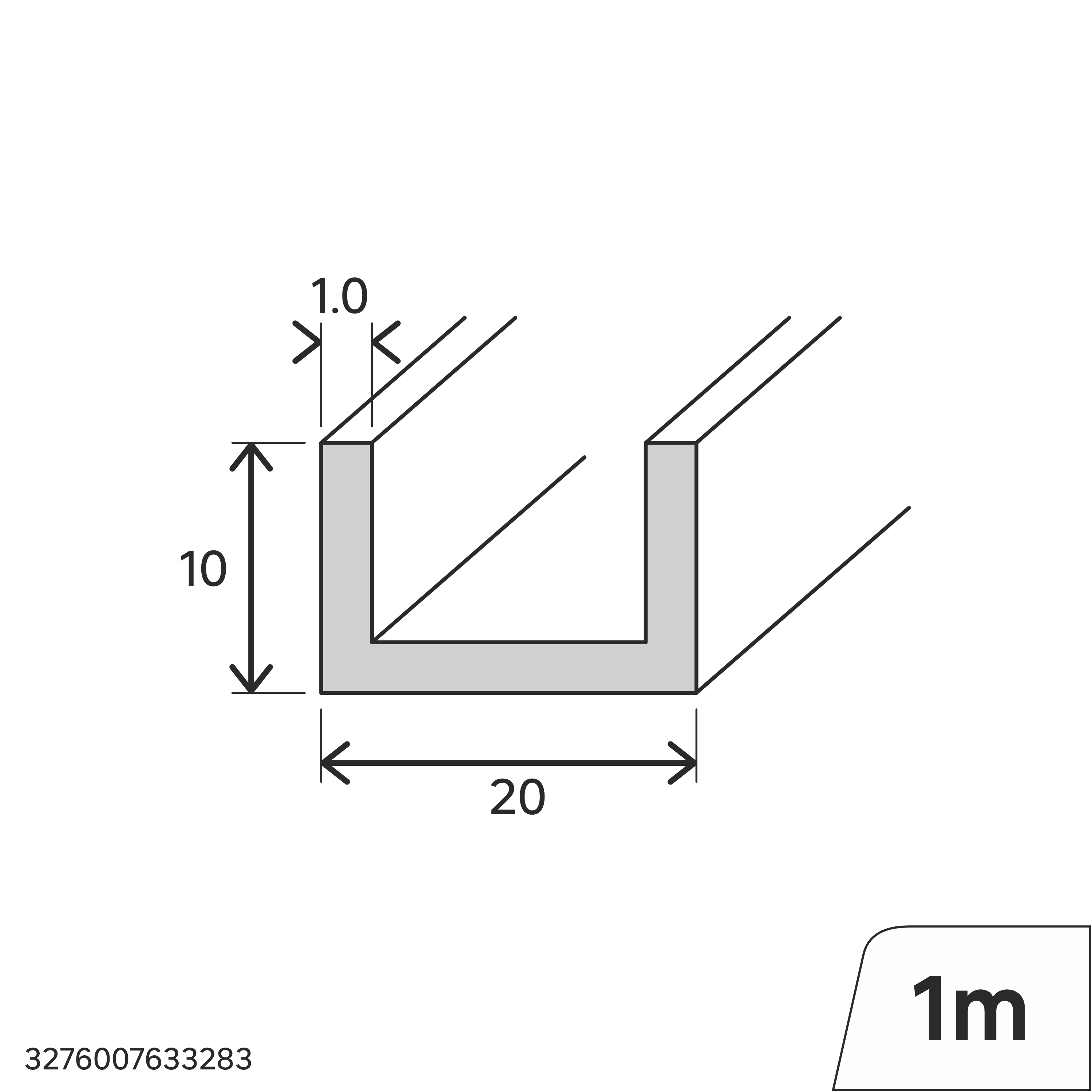 Perfil forma de en U de PVC blanco, Alt. 10 x An.20 x L.1000 mm - 2