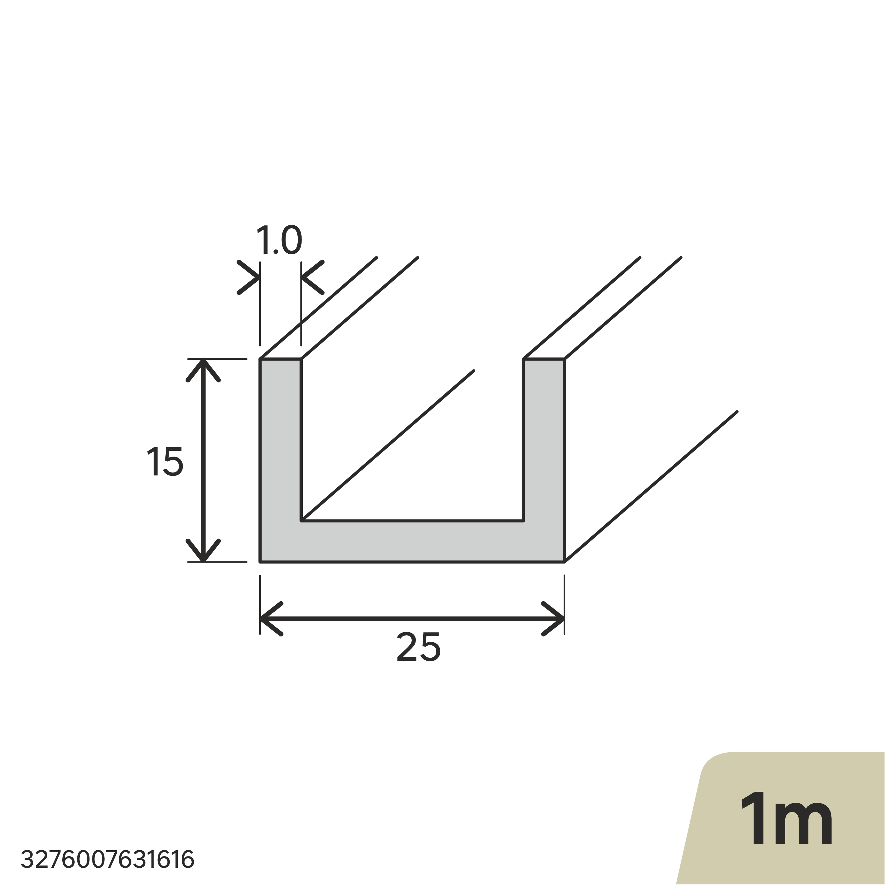 Perfil forma de en U de aluminio plata, Alt. 15 x An.25 x L.1000 mm - 2