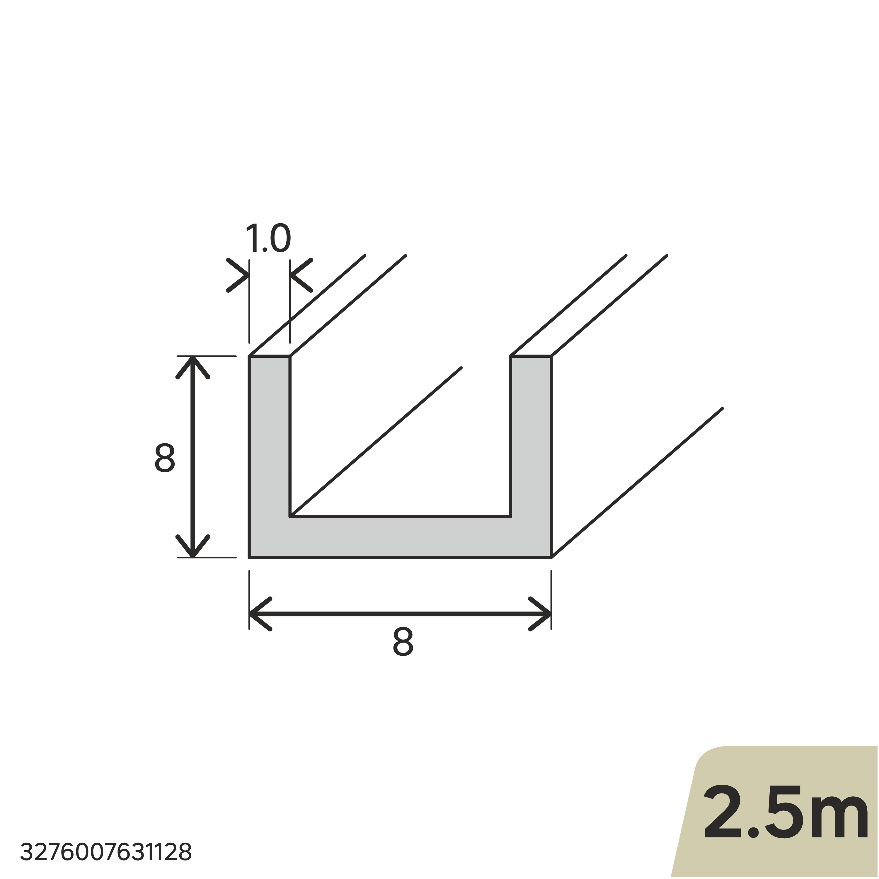 Perfil forma de en U de aluminio plata, Alt. 8 x An.8 x L.2500 mm - 2
