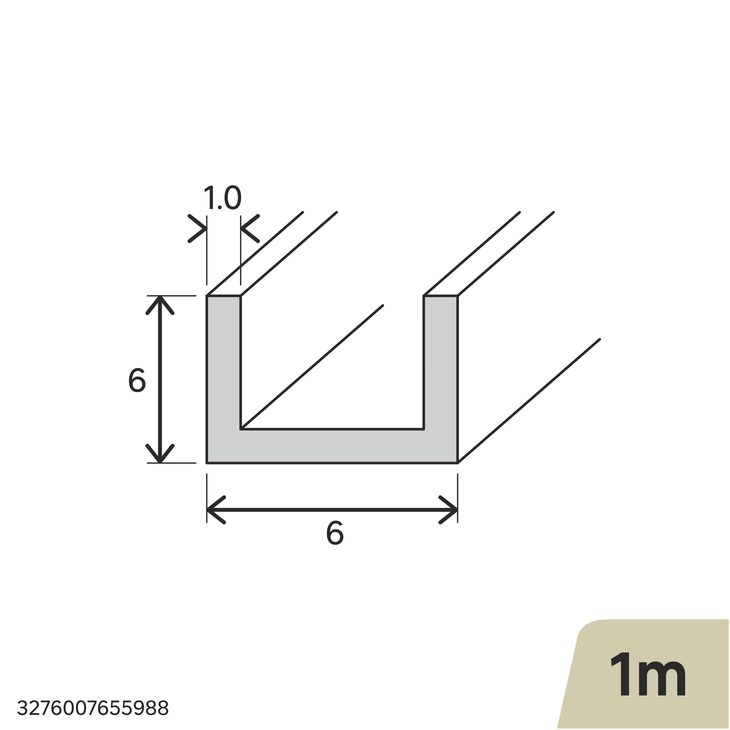 Perfil forma de en U de aluminio plata, Alt. 6 x An.6 x L.1000 mm - 2
