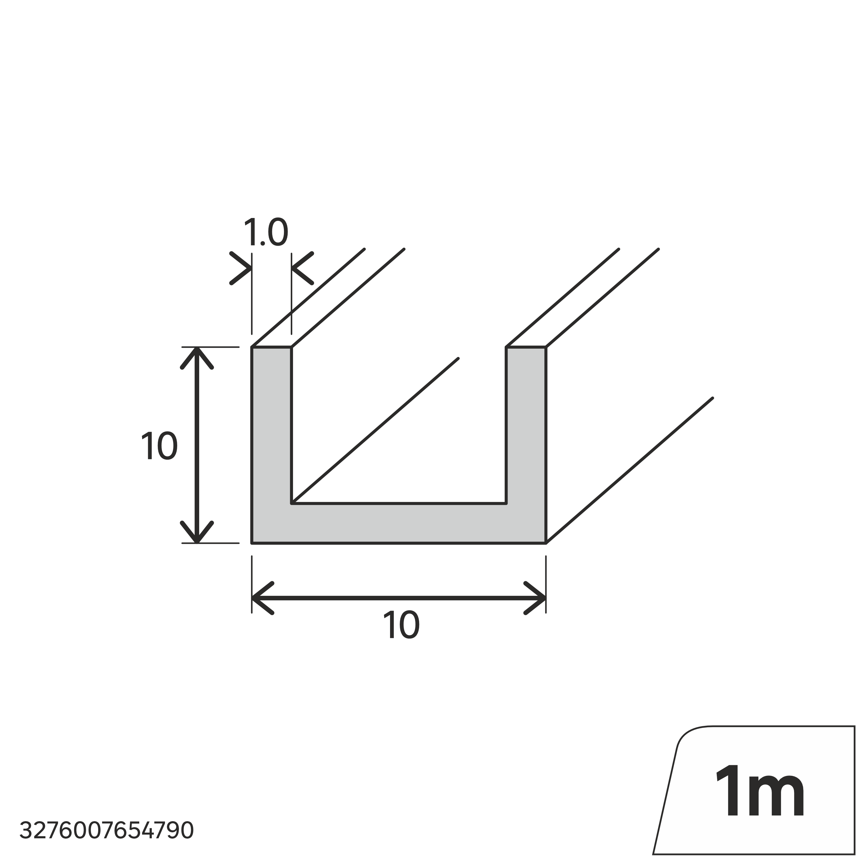 Perfil forma de en U de PVC blanco, Alt. 10 x An.10 x L.1000 mm - 2