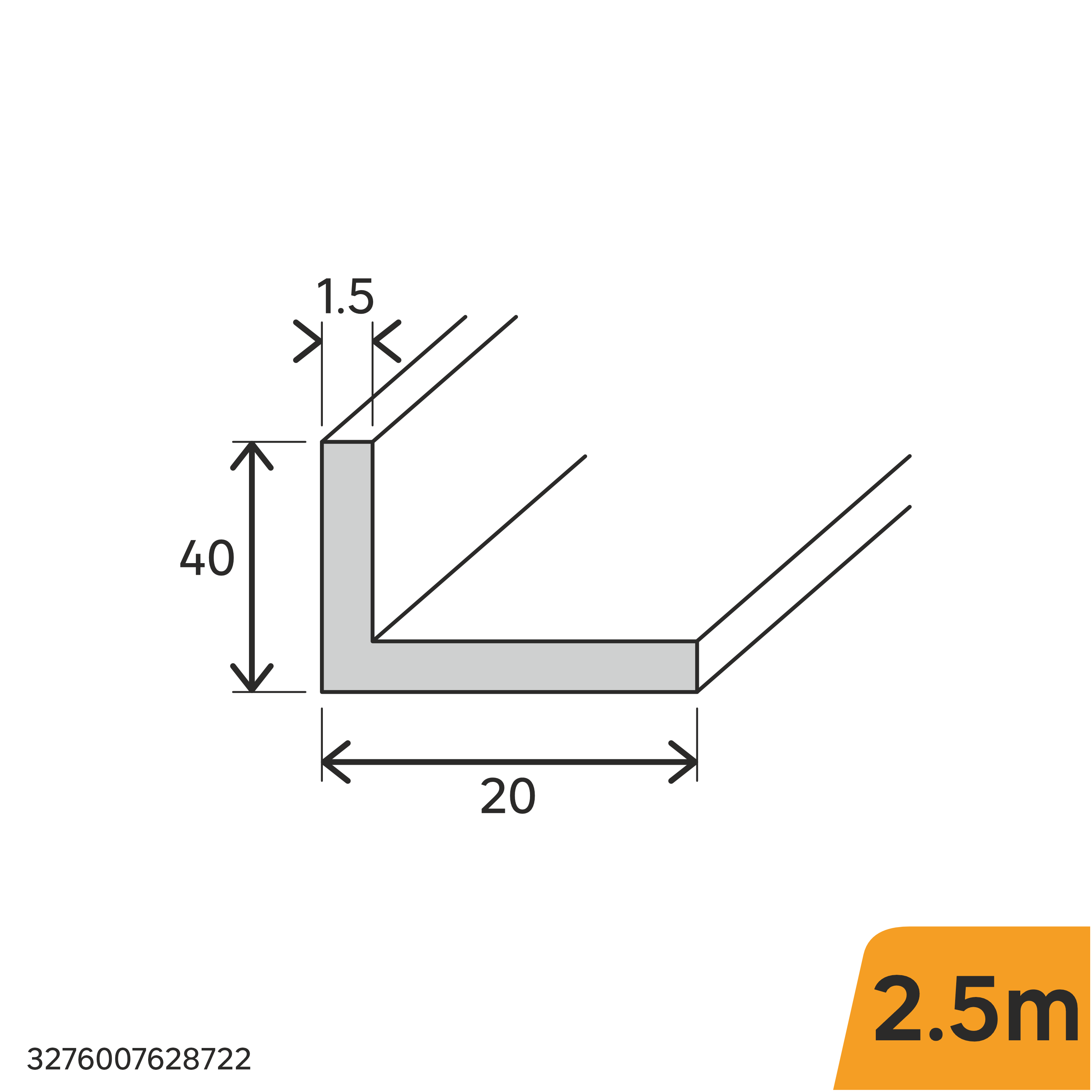 Perfil forma de ángulo no recto de aluminio plata, Alt. 20 x An.40 x L.2500 mm - 2