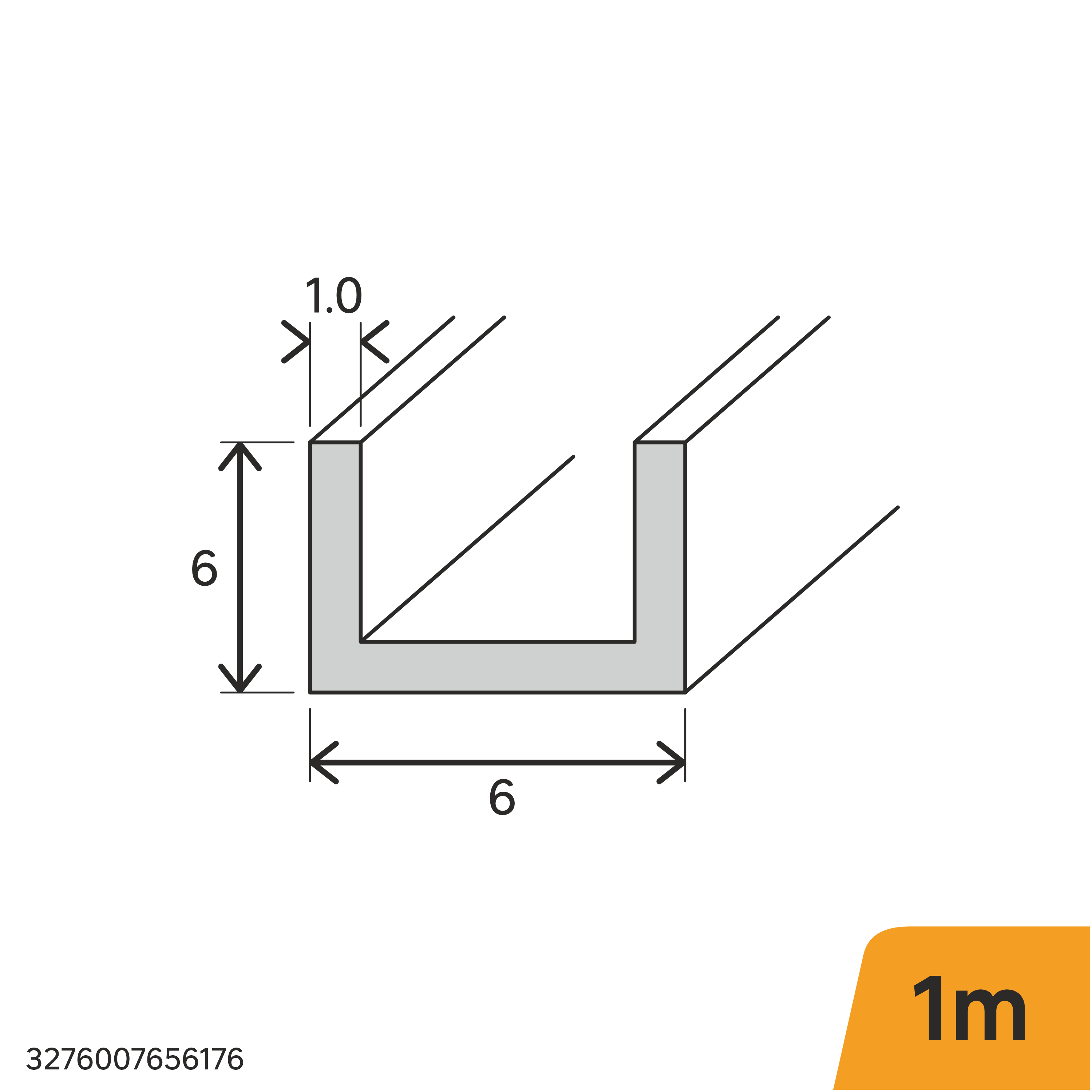 Perfil forma de en U de aluminio plata, Alt. 6 x An.6 x L.1000 mm - 2