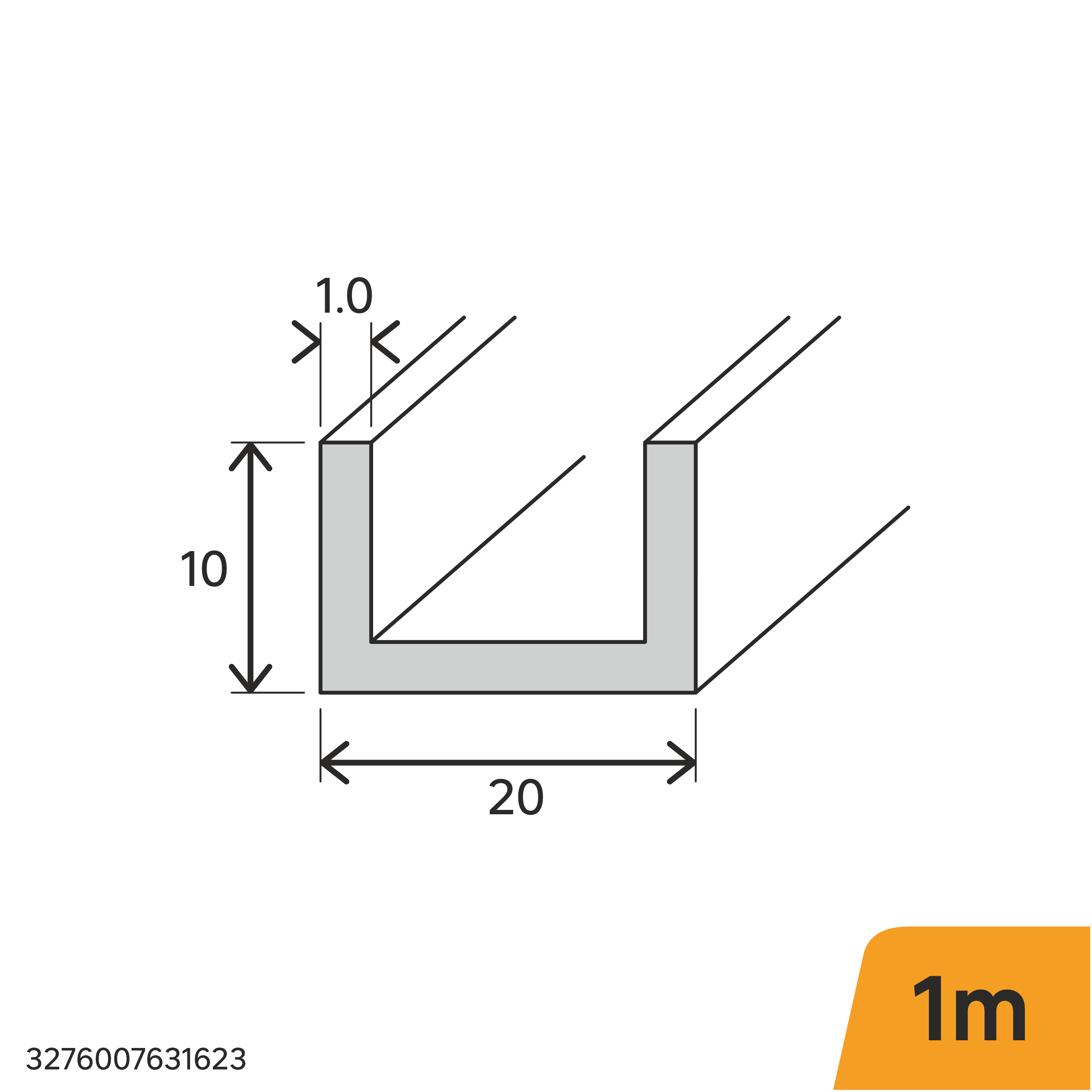 Perfil forma de en U de aluminio plata, Alt. 10 x An.20 x L.1000 mm - 2