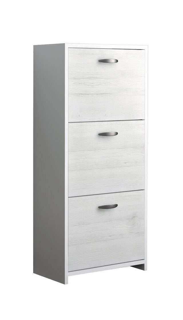 Scarpiera 3 ante apertura a ribalta, doppia profondità L 50 x H 113 x P 25 cm 12 paia, bianco e rovere grigio