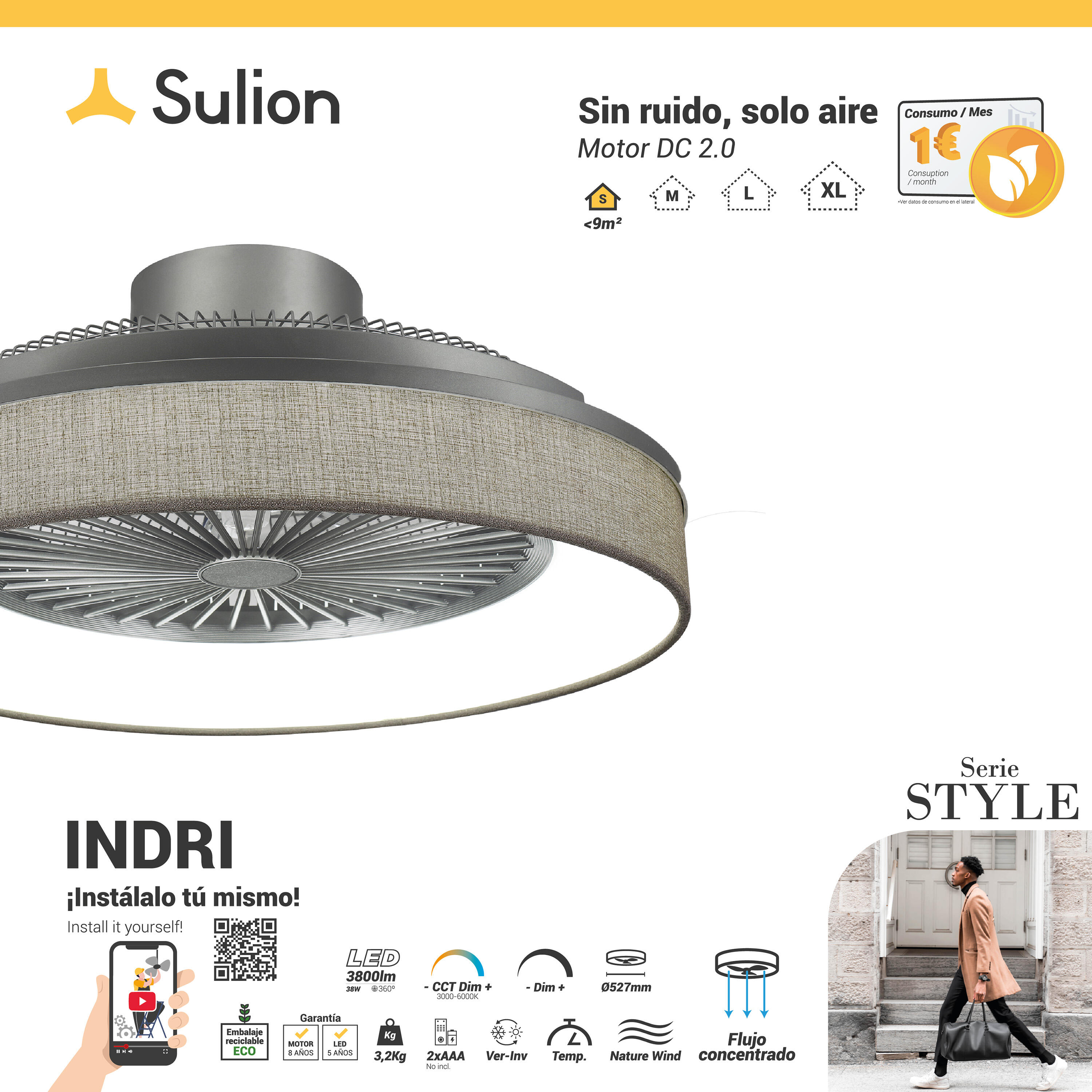 Ventilateur de plafond avec éclairage led, Indri, D53 cm, SULION, tissu - 5