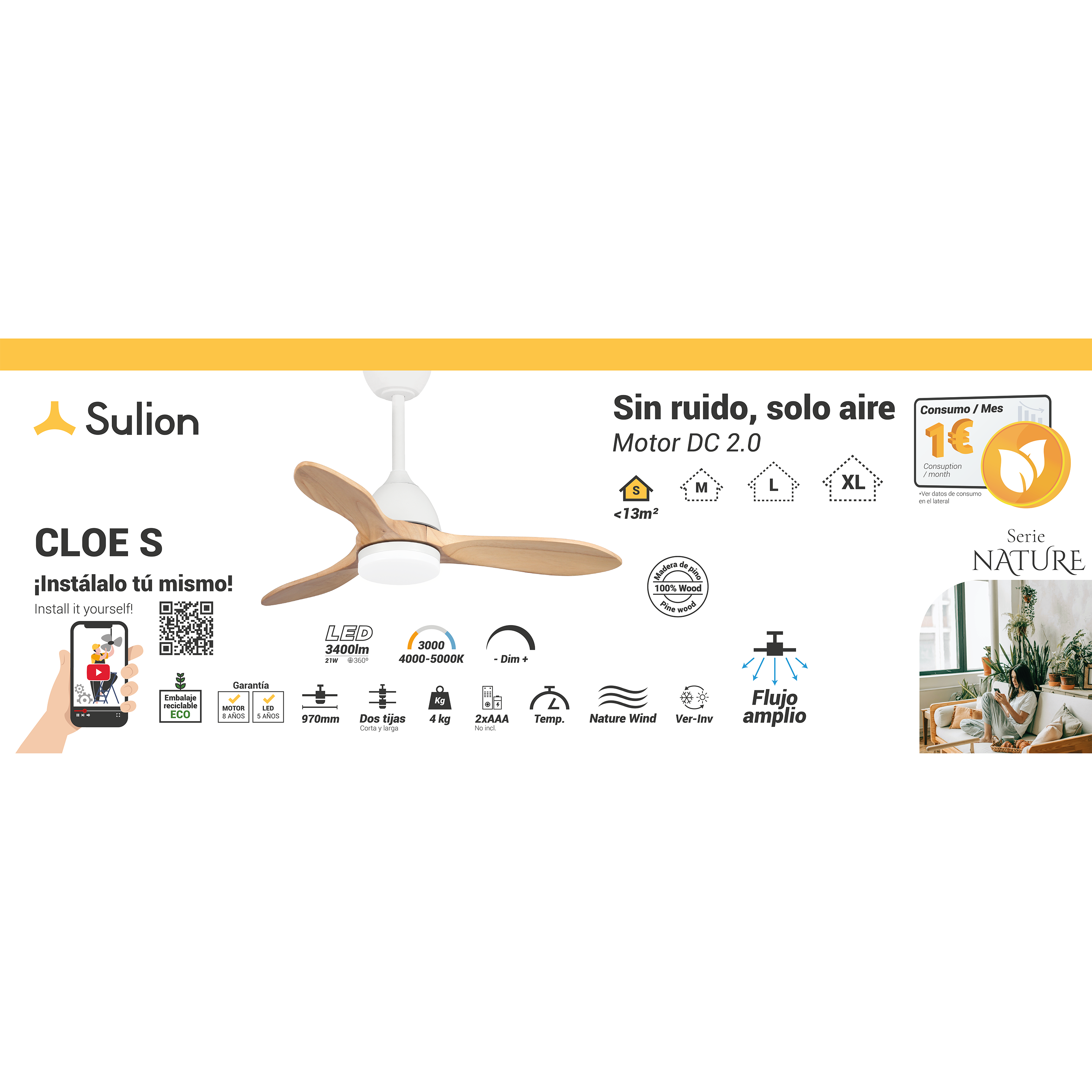 Ventilateur de plafond LED silencieux, Cloé S, 97 cm, SULION, blanc et bambou - 4