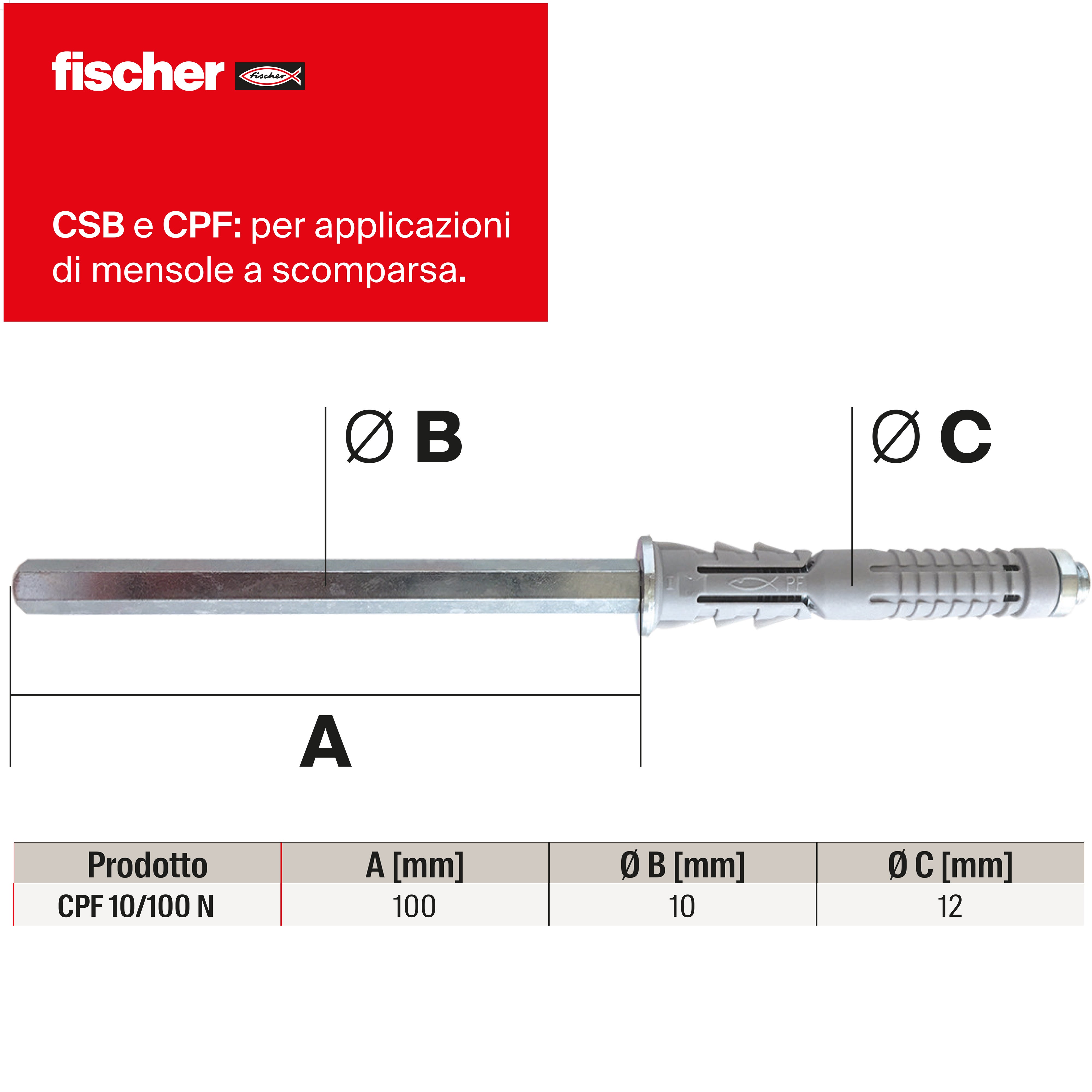 Set di tasselli con vite FISCHER CPF 10X100 N K Mensola a scomparsa in nylon, 2 pezzi - 2