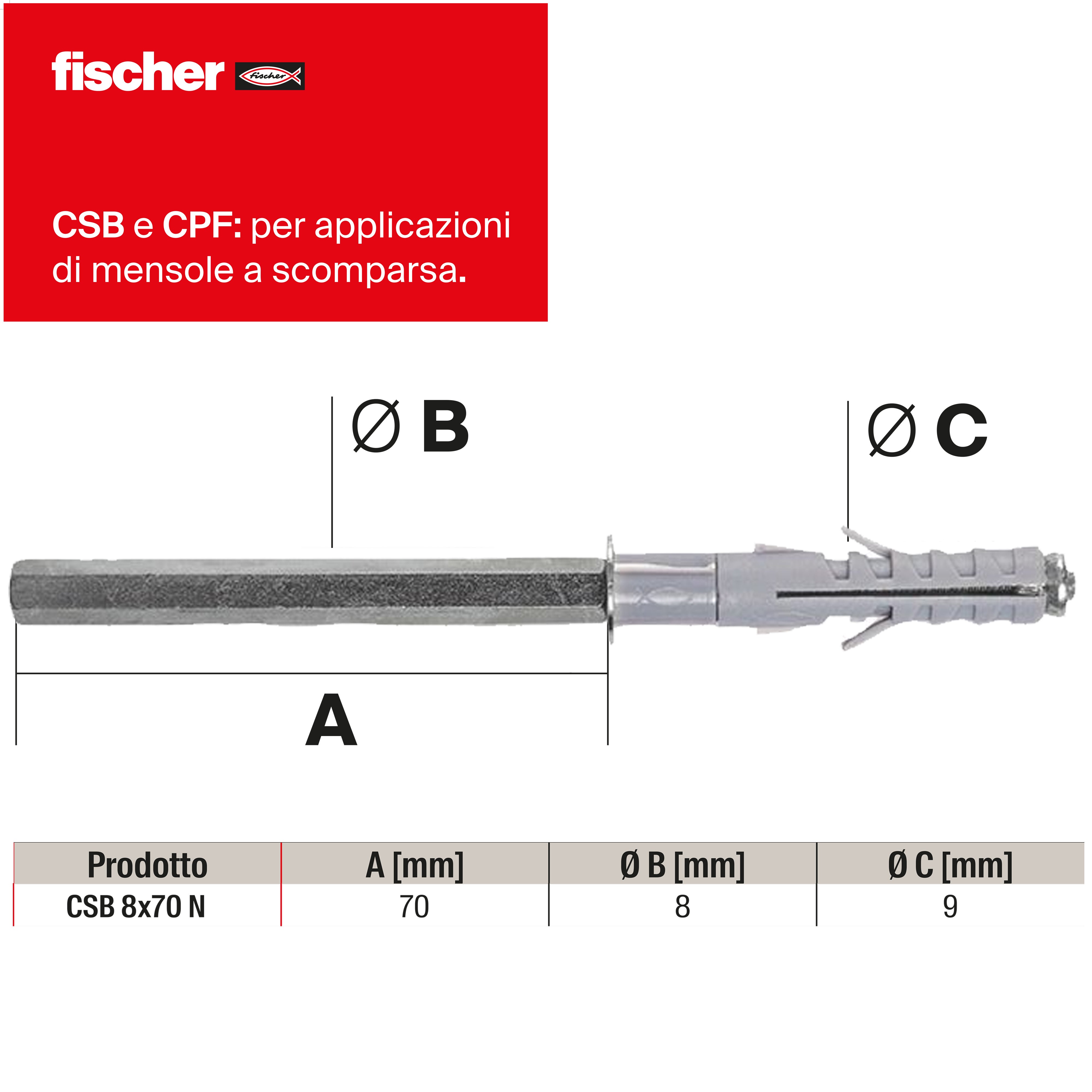 Set di tasselli con vite FISCHER CSB 8/70 K Mensola a scomparsa in nylon ø 8 mm, 2 pezzi - 2