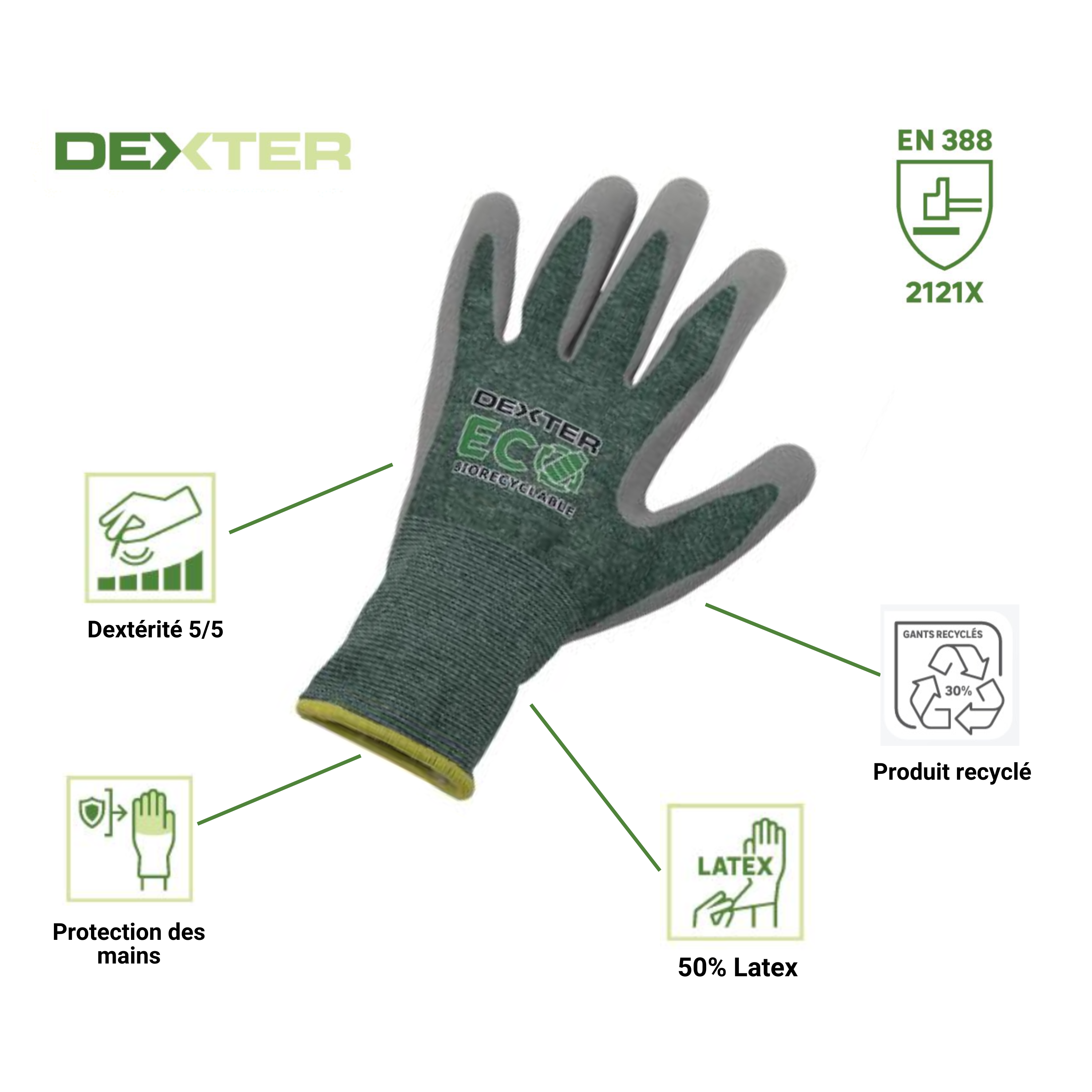 Luvas de trabalho recicladas anti calor/frio e anti corte  tamanho 9L Dexter - 6