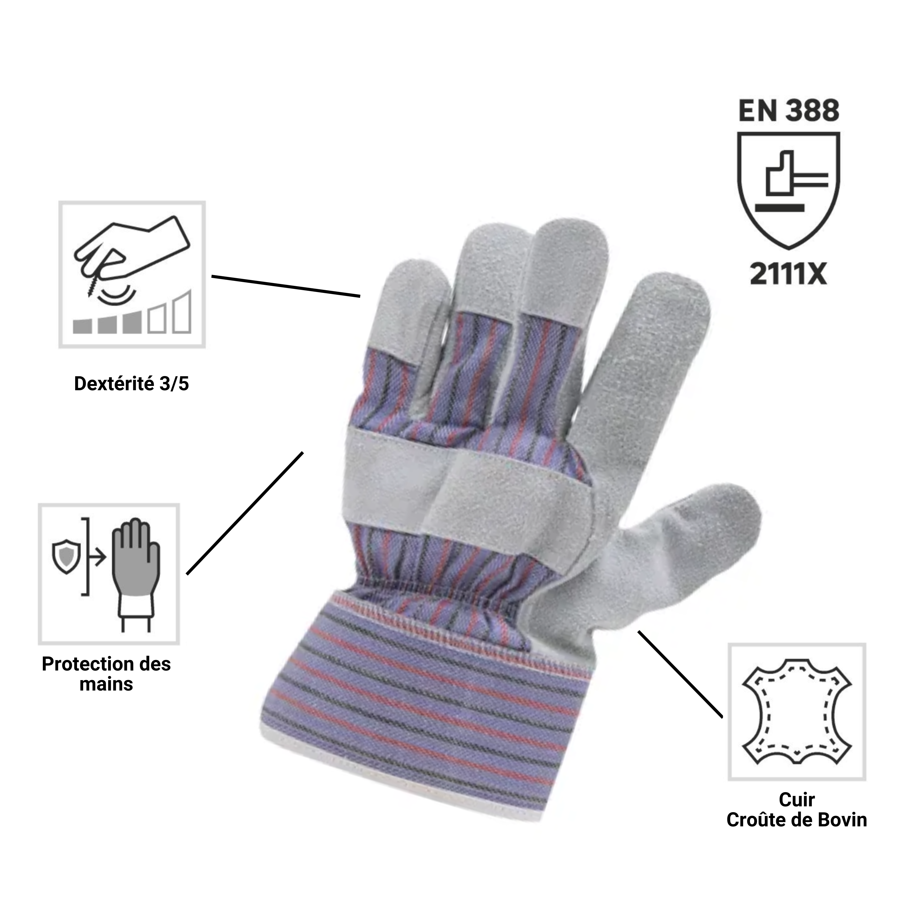 Luvas para manuseio de couro, poliéster e algodão tamanho 9L Dexter - 3