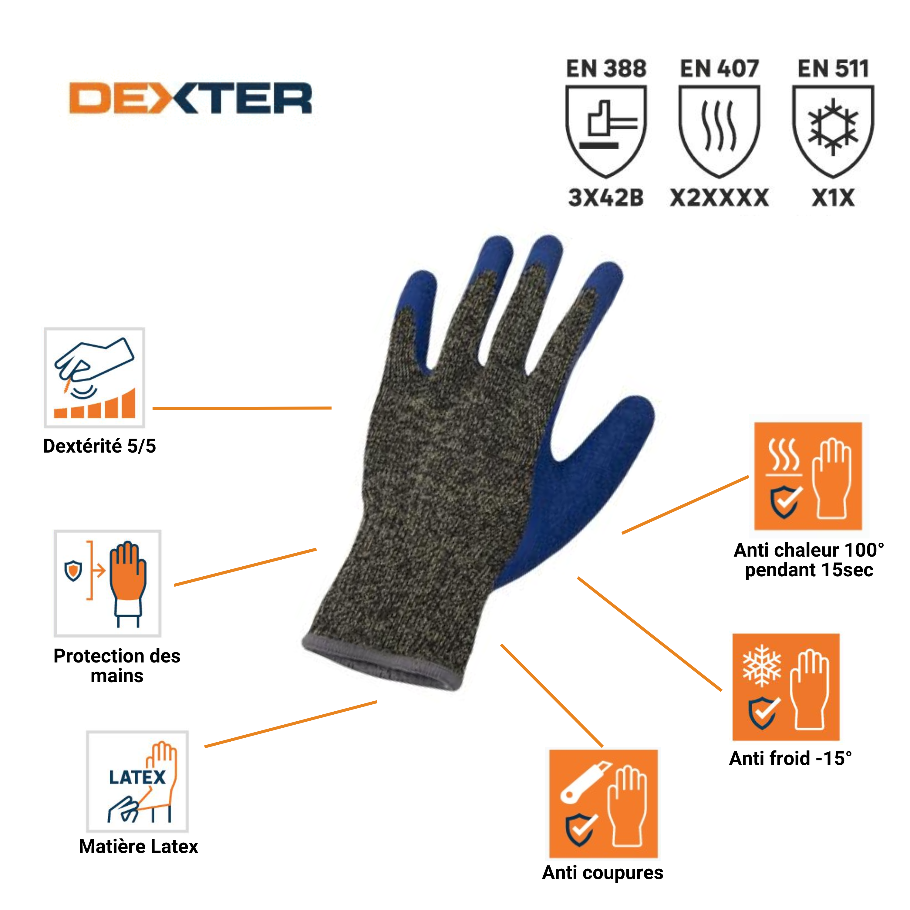 Luvas anti calor/frio e anti corte  tamanho 9L Dexter - 6
