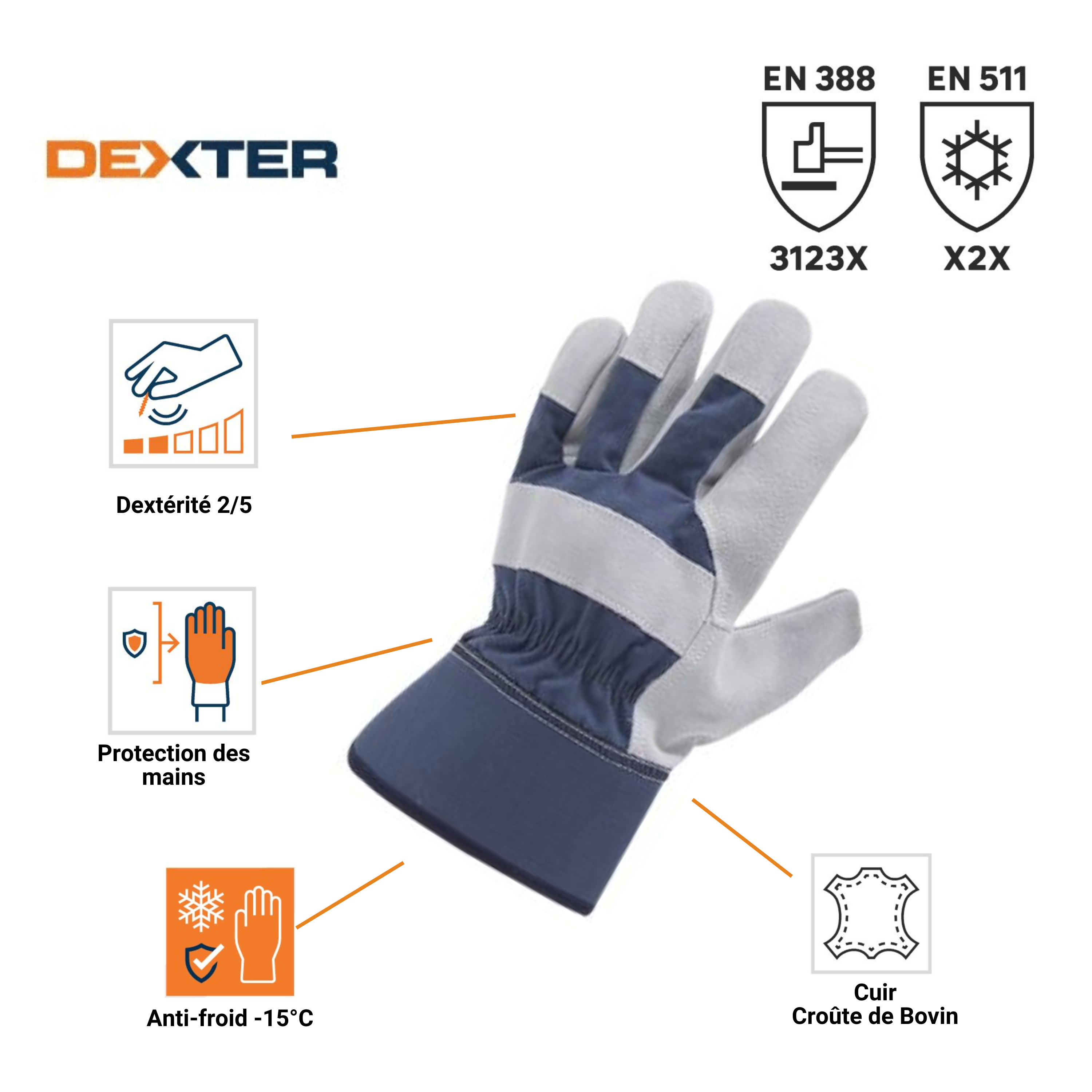 Luvas de manuseamento em couro/algodão/poliéster  Tamanho 10XL Dexter - 5