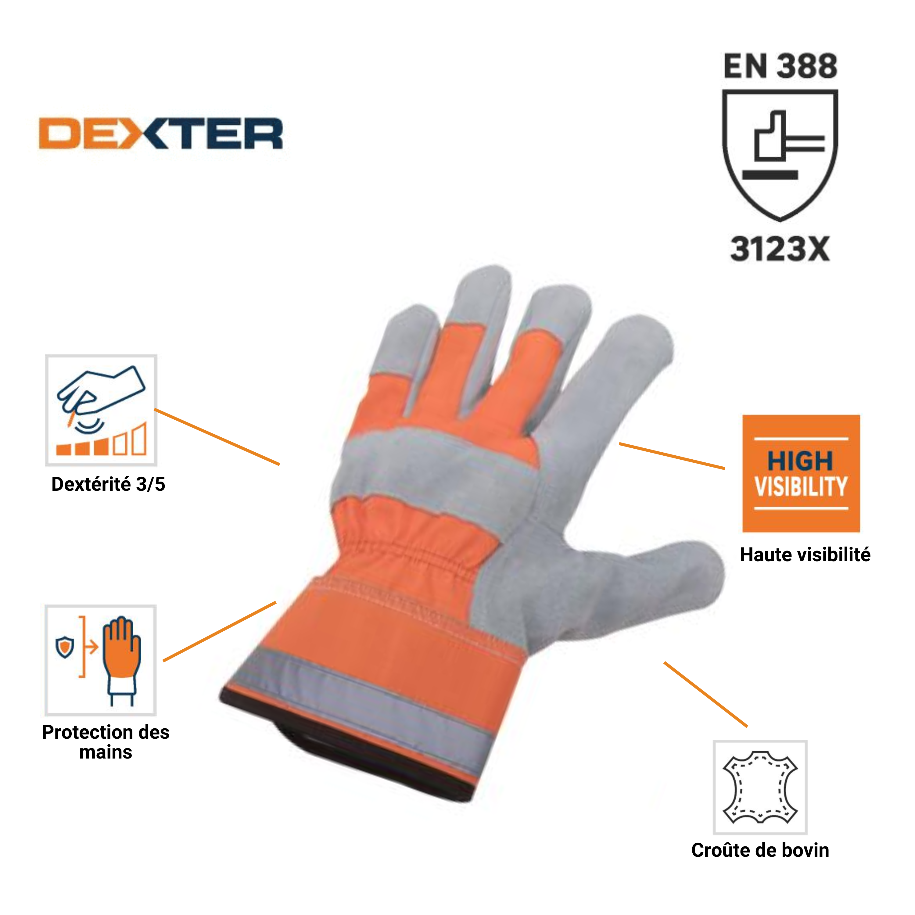 Paire de gants pour outil de manutention cuir / coton, T 9 DEXTER - 3