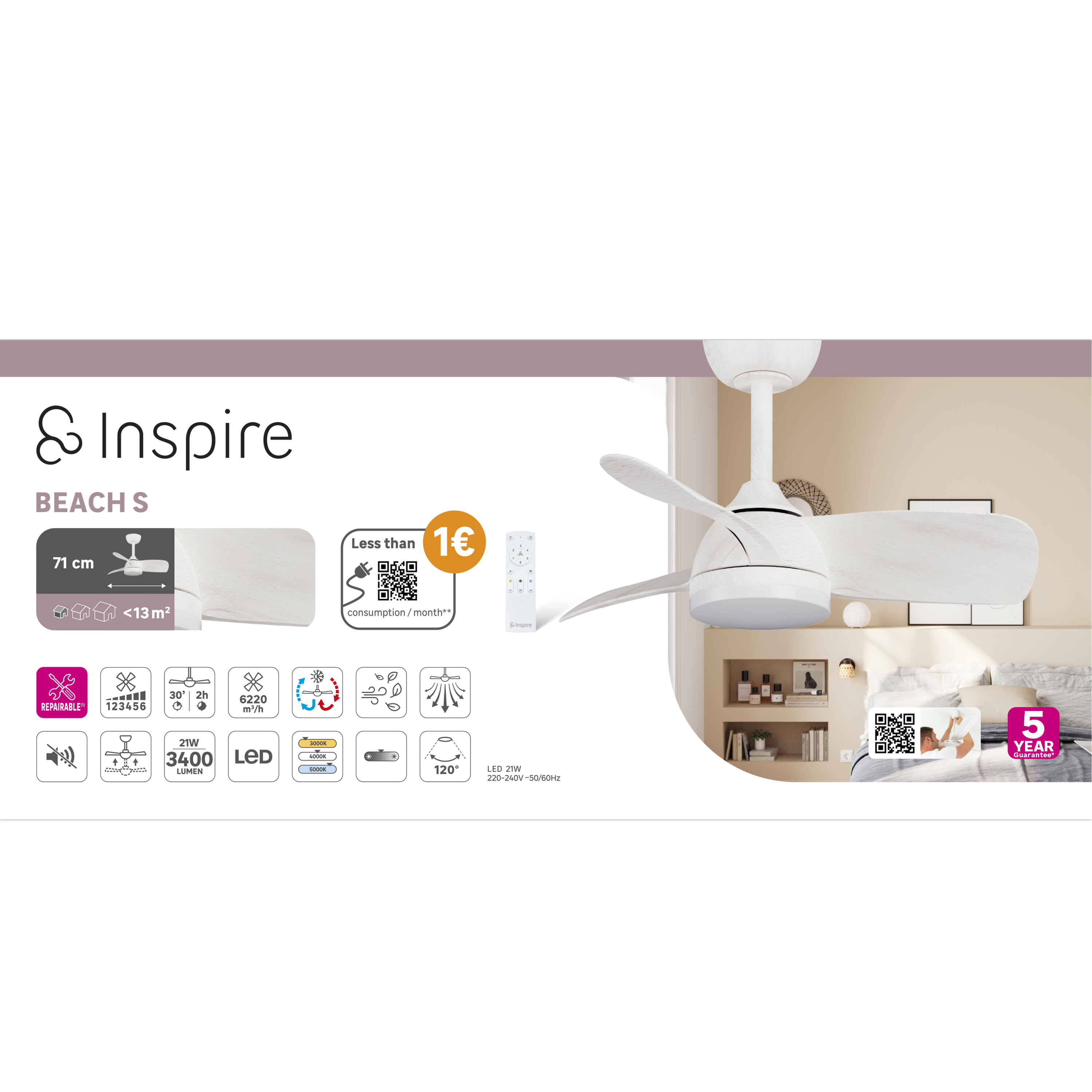 Ventilador de techo con luz silencioso DC Inspire Beach blanco 71 cm - 11