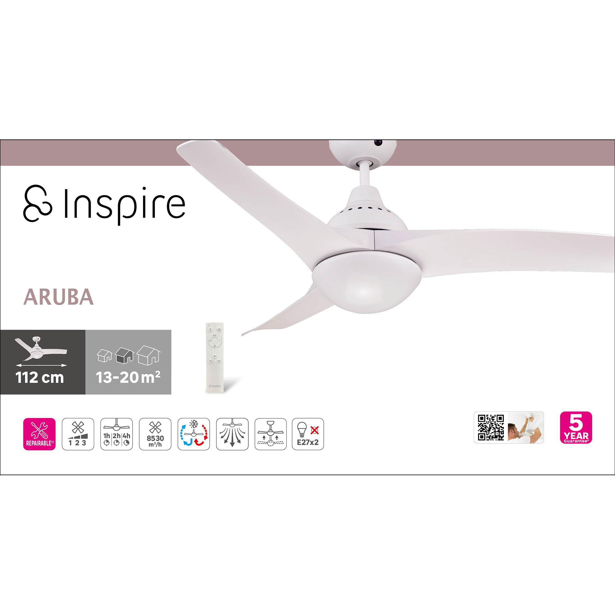 Ventilador de techo con luz AC con mando ø112 cm Aruba INSPIRE blanco E27 3 aspas |3 velocidades |modo verano/invierno |temporizador | recomendado de 13 a 20 m² - 11
