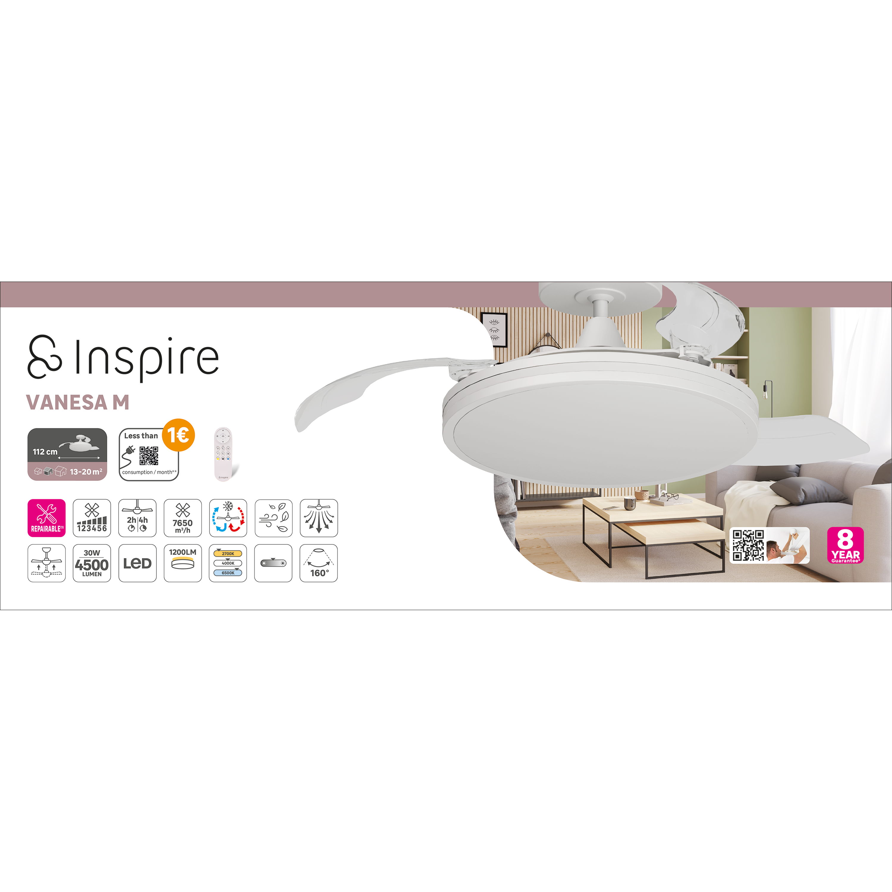 Ventoinha led VANESA M 4500/1200LM branco regulável inspire - 6