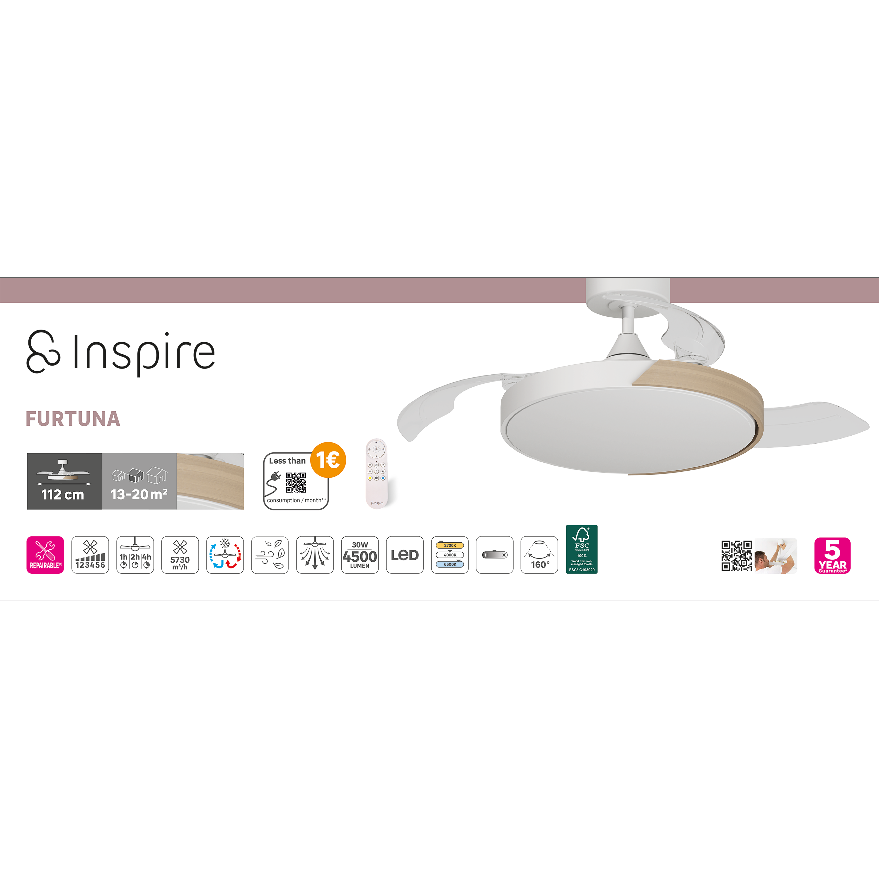Ventilador de techo con luz silencioso DC 38W con mando ø112 cm Furtuna INSPIRE blanco y beige luz CCT 3 aspas retráctiles tipo lámpara| 6 velocidades| modo verano/invierno| temporizador| brisa| recomendado de 13 a 20m² - 11