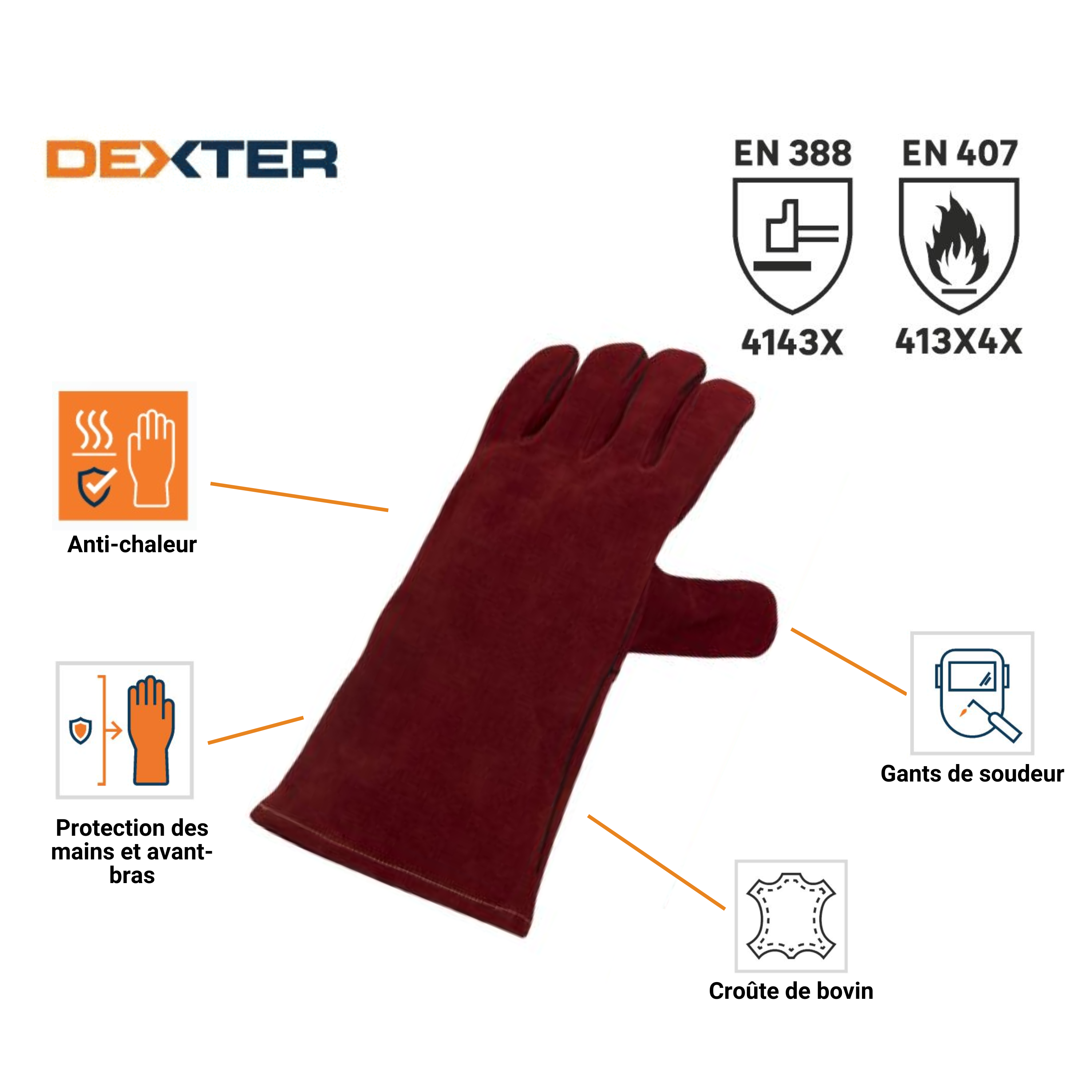 Luvas para soldadura de couro, poliéster e algodão tamanho 11XXL Dexter - 3
