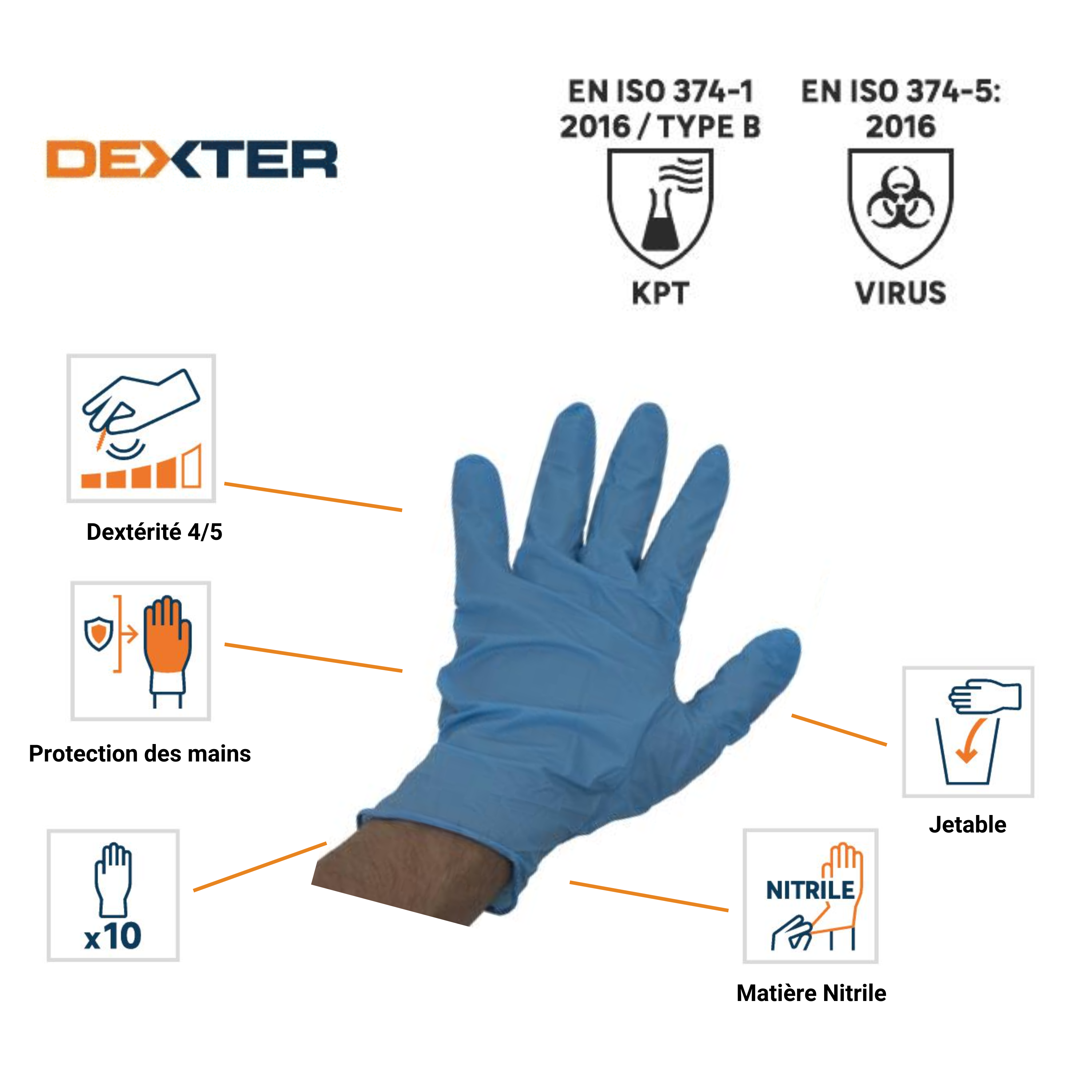 10 luvas descartáveis nitrilo azul sem pó tamanho 7S Dexter - 3