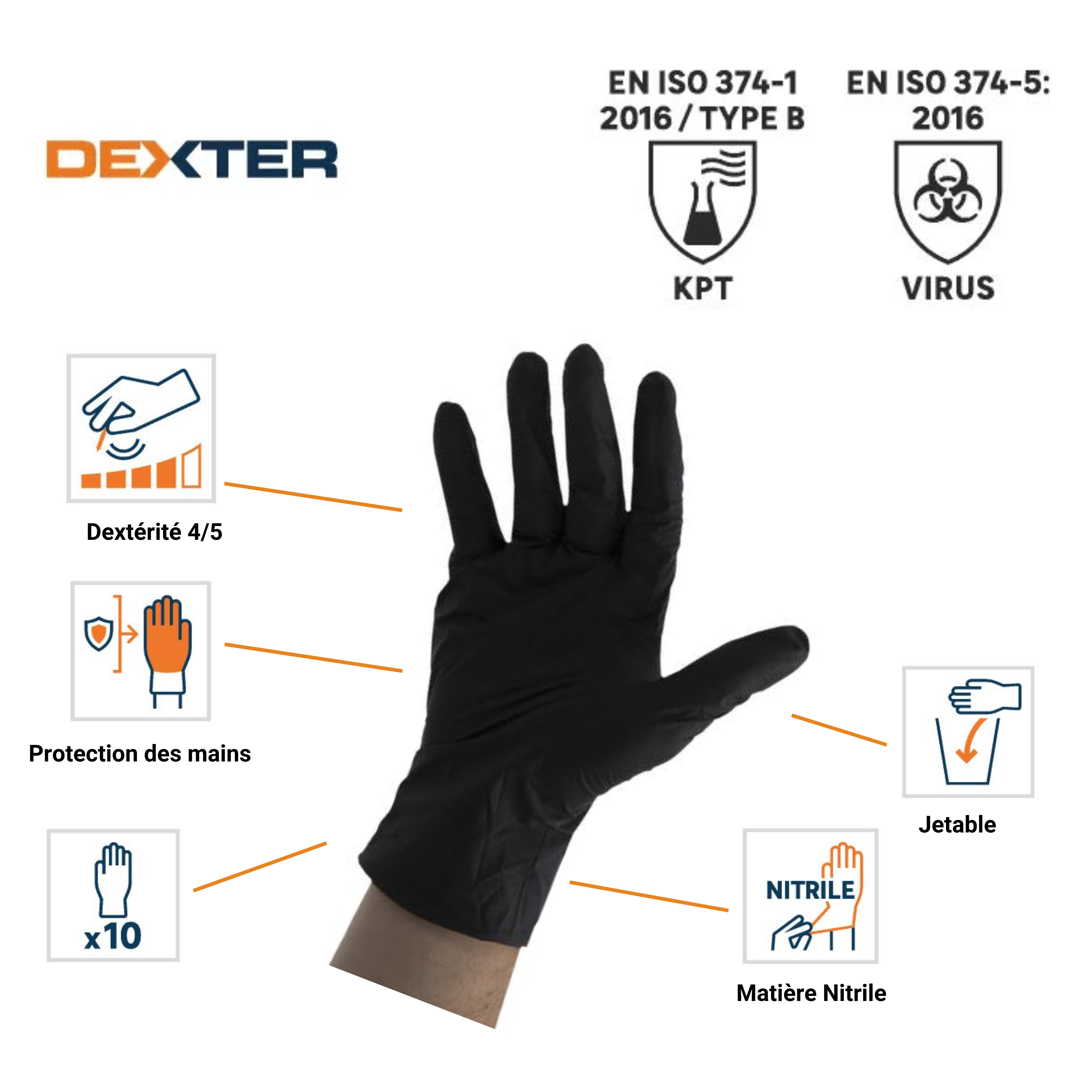 10 luvas descartáveis nitrilo preto tamanho 7S Dexter - 3