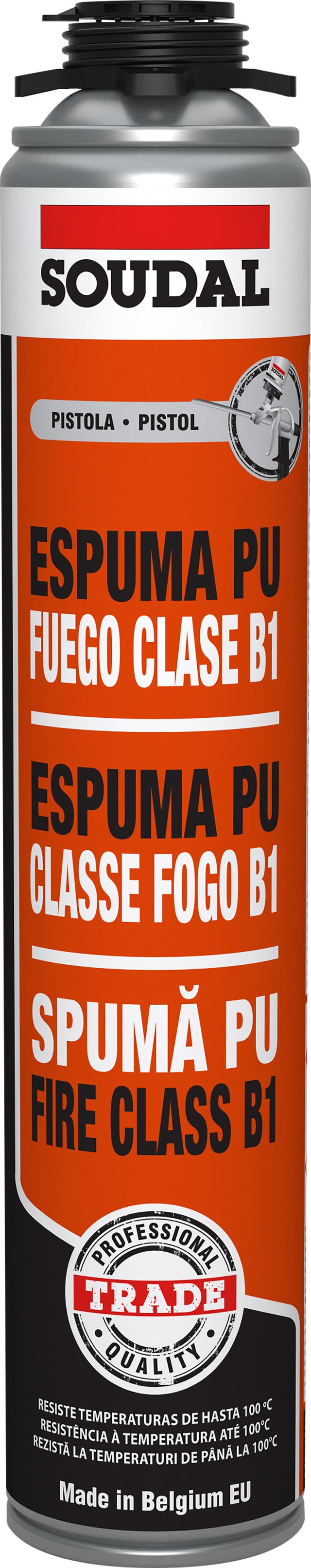 Espuma de poliuretano SOUDAL Fuego B1 750 ml para puertas, ventanas y paredes en color azul. Tiempo de secado 30 minutos. Aplicación con pistola.