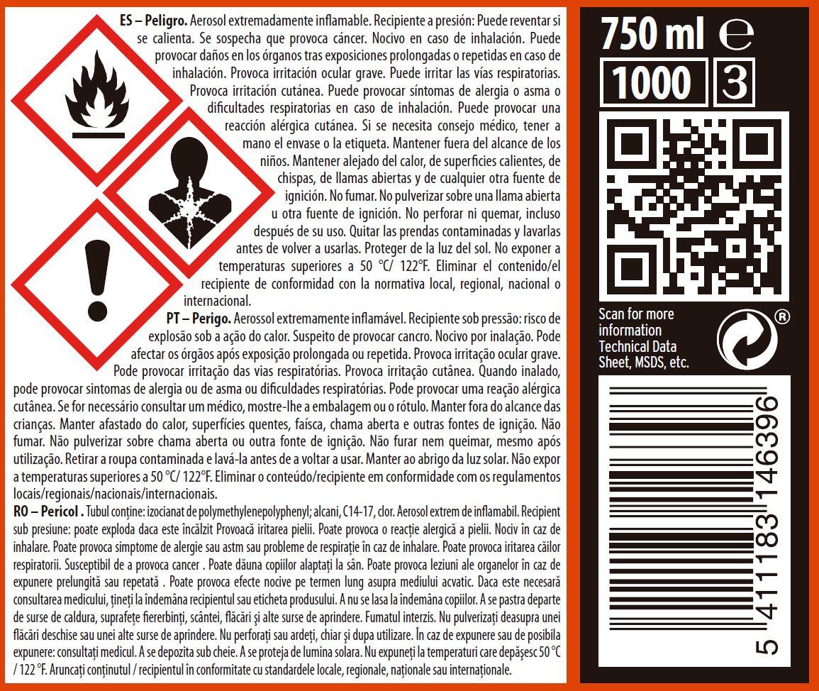 Espuma de poliuretano SOUDAL Fuego B1 750 ml para puertas, ventanas y paredes en color azul. Tiempo de secado 30 minutos. Aplicación con pistola. - 2