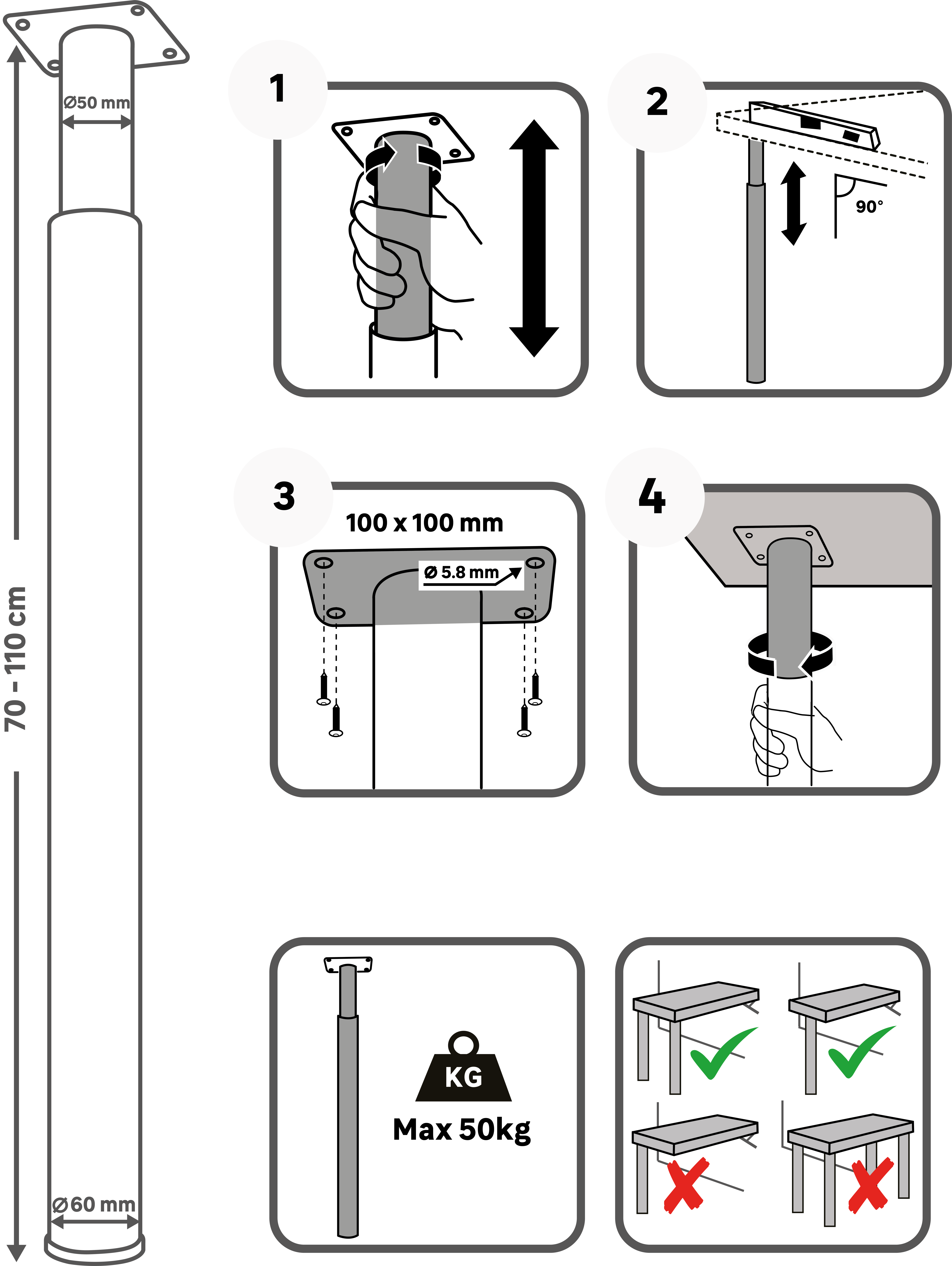 Pied de table, noir, diamètre 6 cm x hauteur réglable de 70 à 110 cm - 5