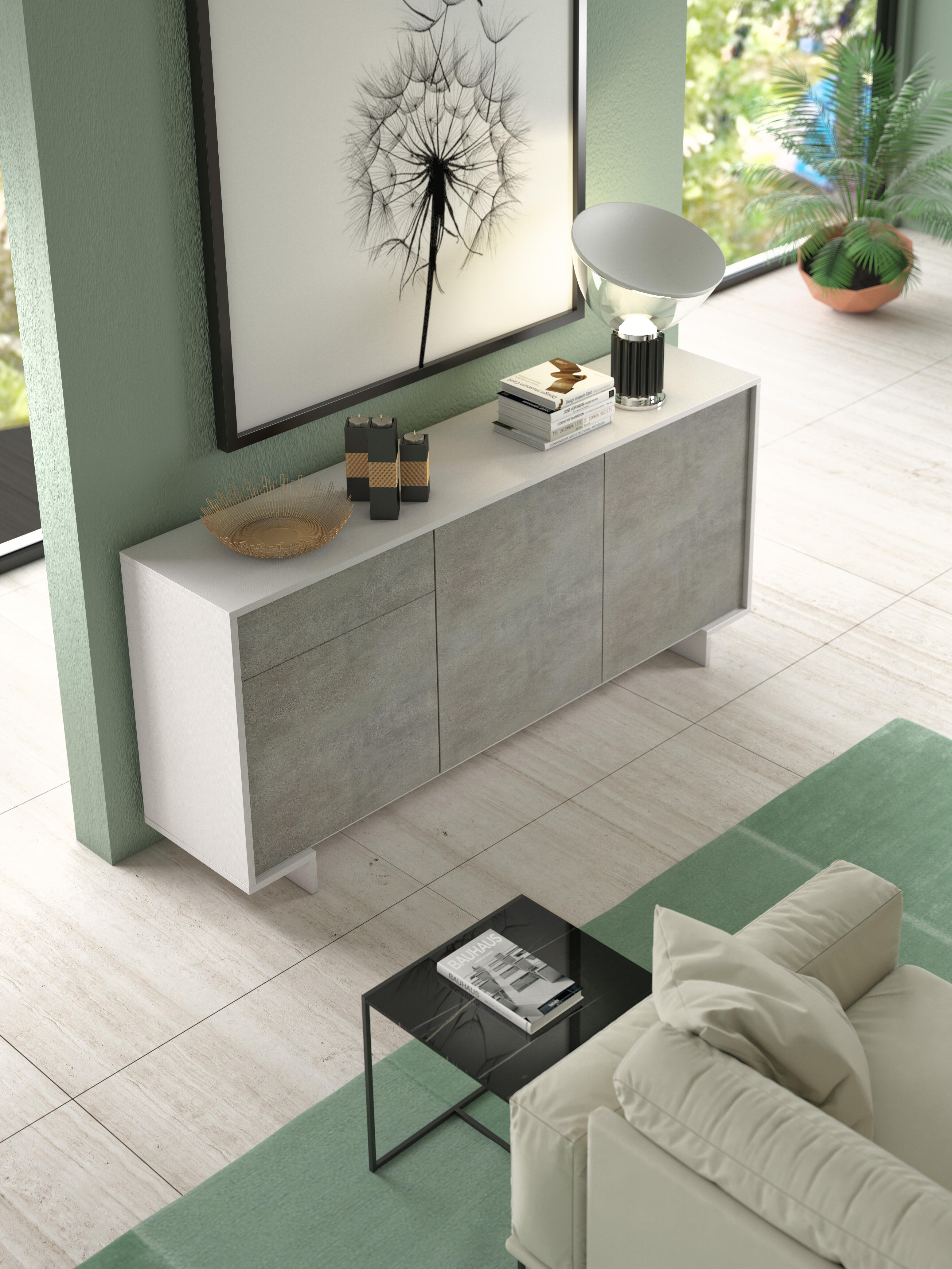 Mobile Madia Frame L 170 x H 78 x P 42 cm bianco e grigio cemento